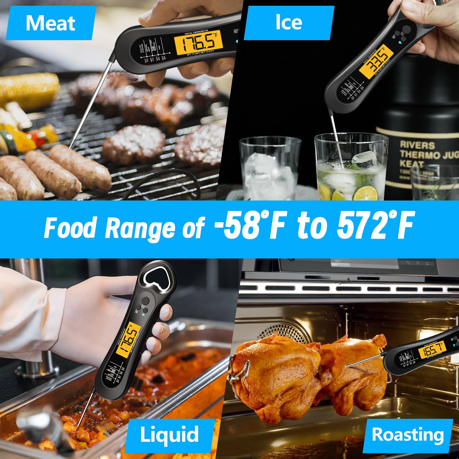 Termometro digitale per carne, lettura istantanea, per grigliare e cucinare, con apribottiglie, retroilluminazione e calibrazione, gadget da cucina per barbecue, tacchino, caramelle, liquidi