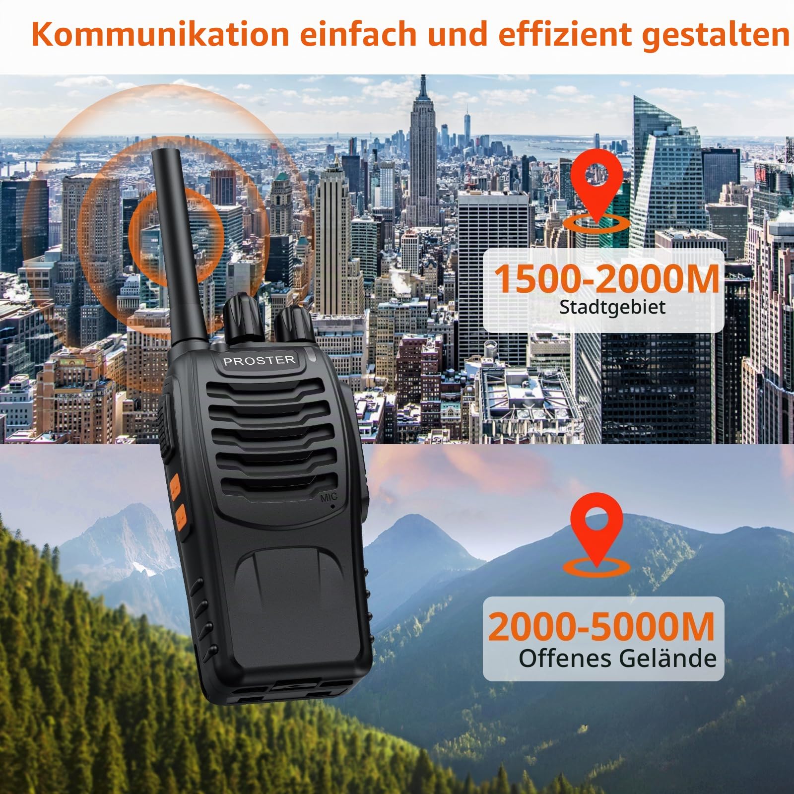 Proster Walkie Talkies 16 Kanäle PMR Funkgeräte mit Sprachaufforderung Wiederaufladbare mit USB-Ladegerät und Kopfhörer -Schwarz(2 Paar) (2 Paar)