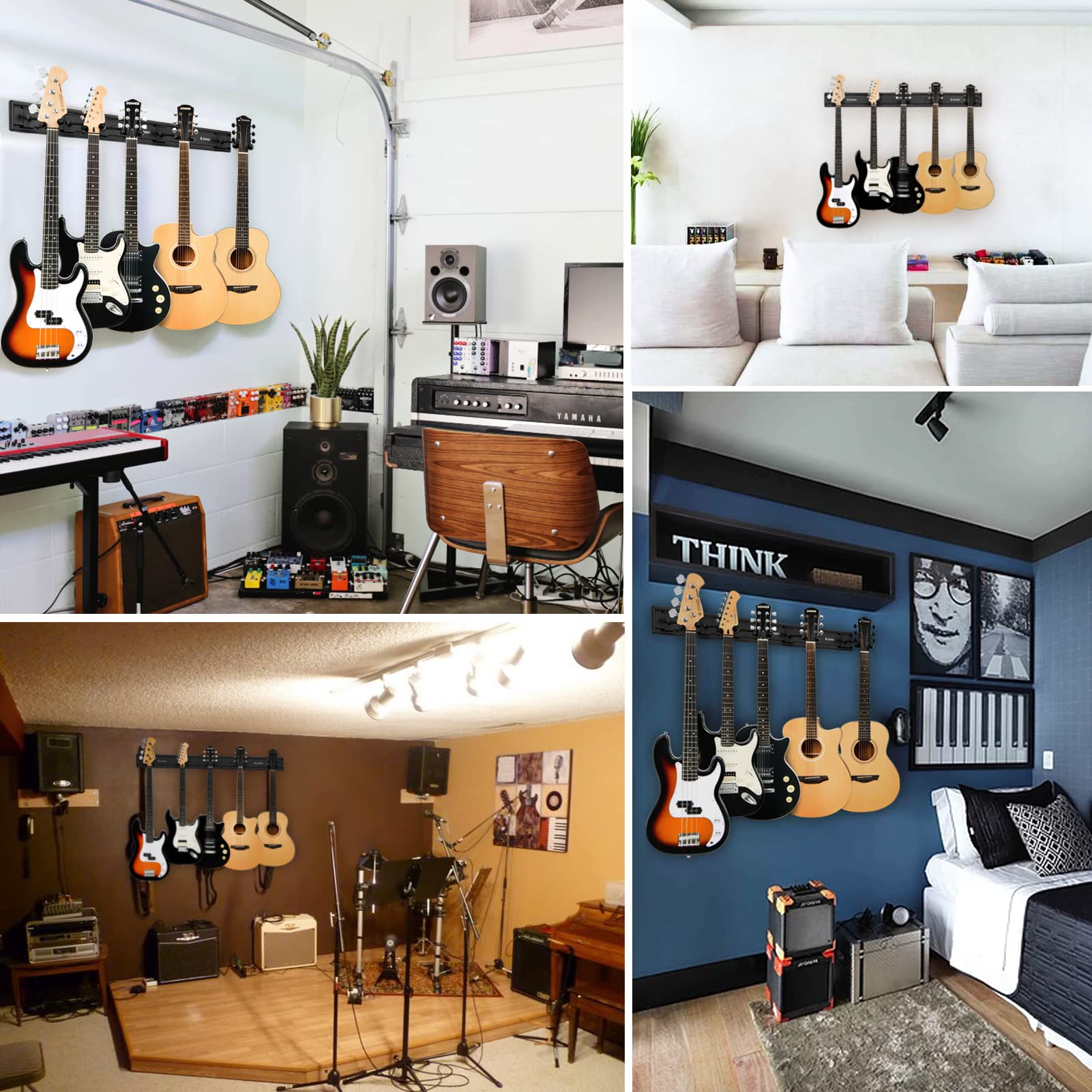 Donner 5 Guitar Wall Rack Supporto per Montaggio a Parete per Chitarra Nero con 5 Ganci per Chitarra Regolabili per Chitarre Elettriche Acustiche, Basso, Folk Ukulele