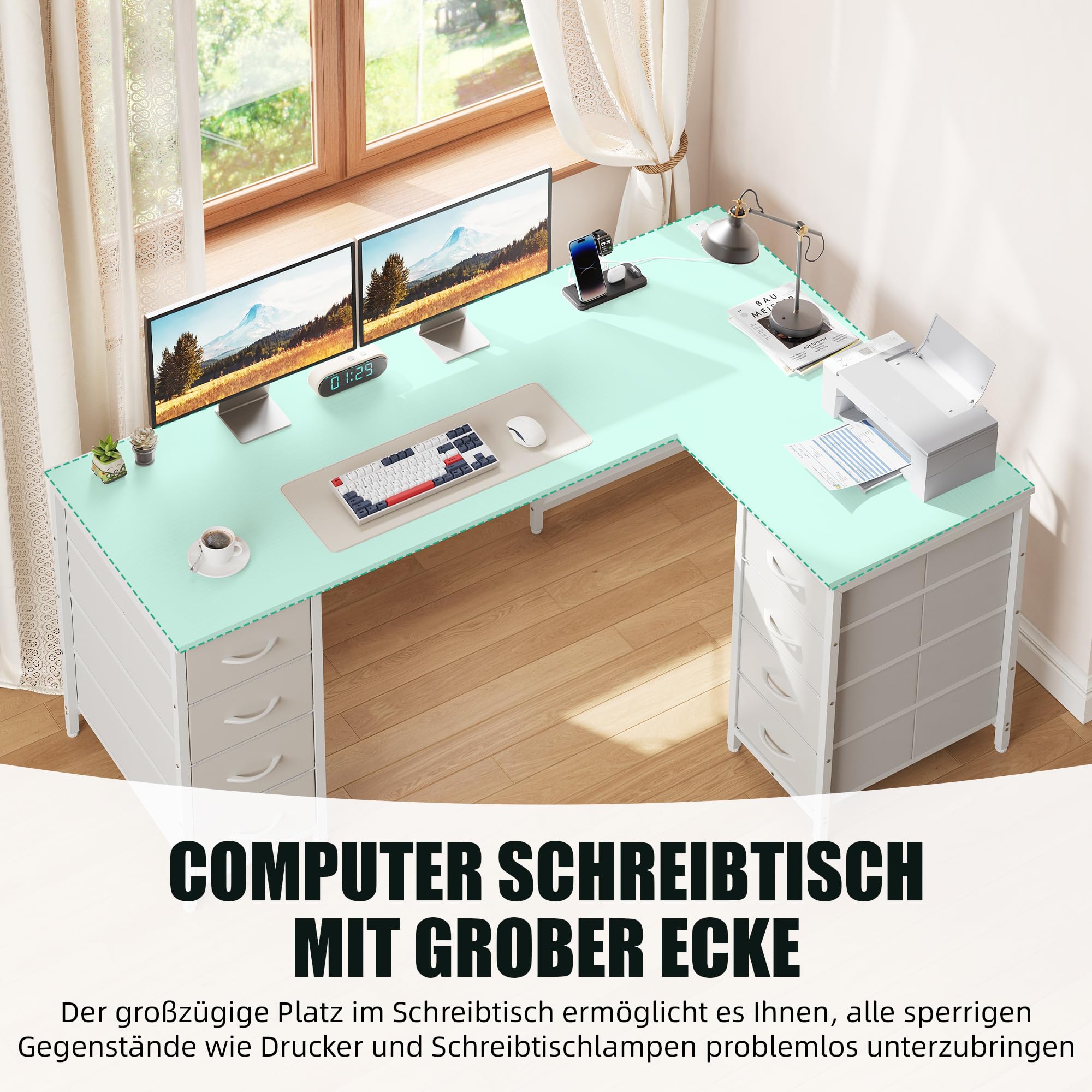 YOUDENOVA Schreibtisch L-Form, 150×100 cm Eckschreibtisch mit 8 Schubladen, Computertisch mit Steckdose und USB-Ladeanschluss, Bürotisch für Arbeitszimmer Weiß