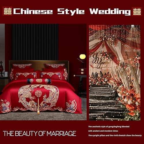 Miniatura 15 de Luxury Double Happiness Dragon and Phoenix Bird Embroidery Chinese Wedding Red Bedding Set King Queen Size 100% Cotton Embroider Red Wedding Duvet