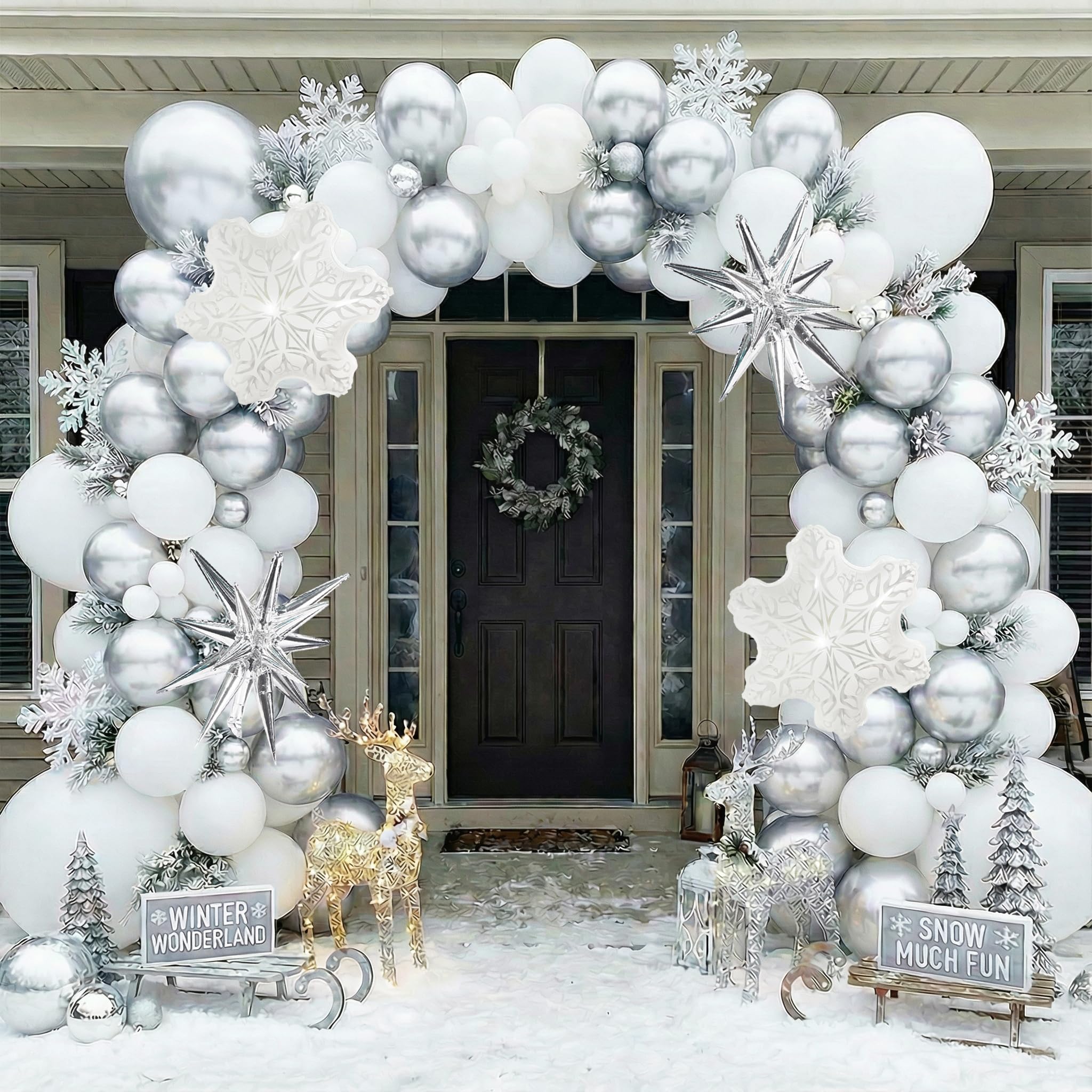 PartyXpress Kit de guirnalda de arco de globos de invierno de 135 piezas con globos de estrella de copo de nieve blanco y plateado para fondo de Año Nuevo 2026, fiesta de bebé, baby shower
