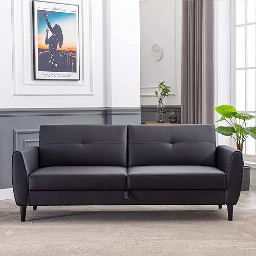 Woanke Sofá cama convertible de piel sintética moderno futón plegable con caja de almacenamiento y marco de madera para espacio de vida compacto