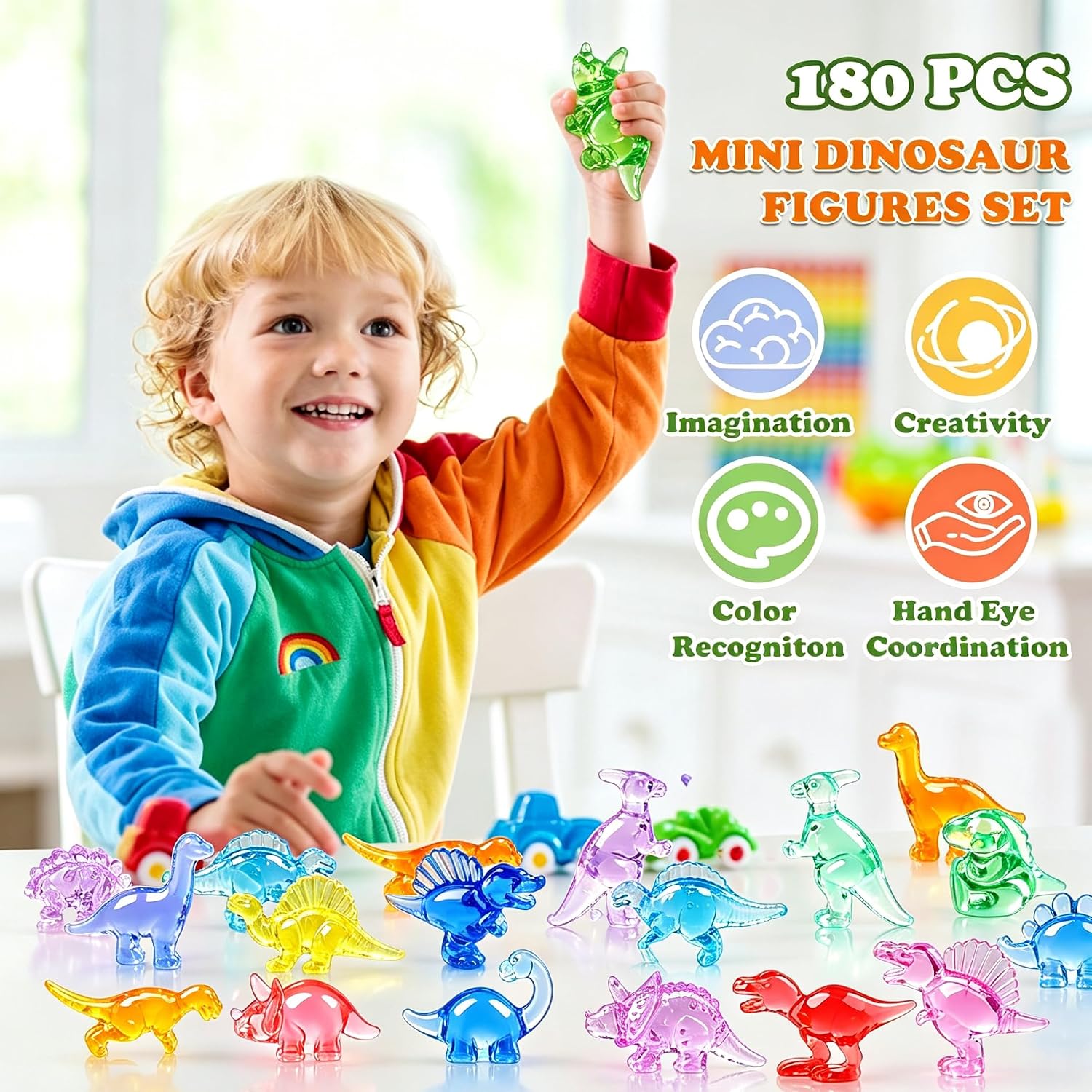 180 Pcs Mini Dinosaur Figures, Mini Resin Animals Figures to Hide, Small Plastic Dinosaur Figurines Miniature Ornaments Diving Gems for Vase Filler Fairy Garden Dino Party Decorations (Tiny Dinosaur)