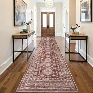 Washable Runner Rug, Boho Vintage Hallway Rug Non-Slip Rubber Backing, Low Pile Faux Cashmere Distressed Carpet for Living Room Bedroom Kitchen Laundry Entrance, Burgundy (2x12ft)