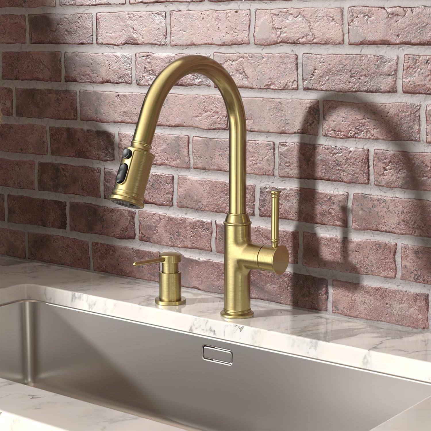 Lava Odoro Gold Soap Dispenser for Kitchen Sink, Modern Brass Built in Countertop Pump Dispenser with 18 Oz Refillable Bottle, Kitchen Soap and Lotion Dispenser Spot-Free, Brushed Gold, KSD-21 - Image 2