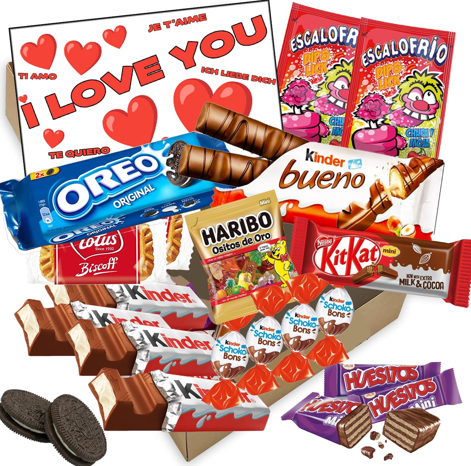 Cajita Regalo San Valentín I Love You con 20 Chocolates Kinder Bueno, Galletas Oreo, Kinder Schoko Bons, Ositos Haribo, Kit Kat, Huesitos, Galleta Lotus Biscoff y Mucho Más. Incluye Tarjeta I Love You