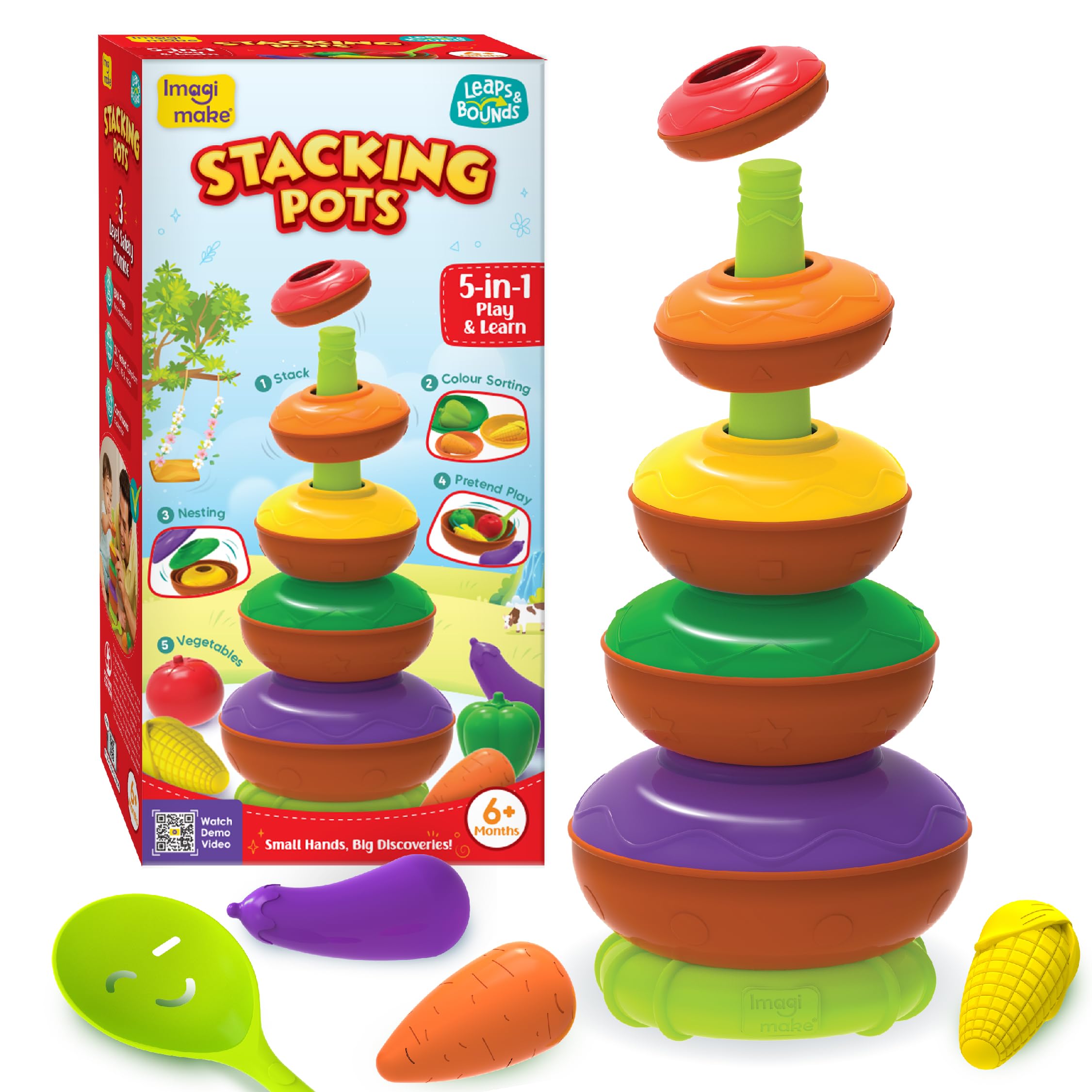Imagimake Stacking Pots Toys | Leaps & Bounds Baby Toys for 6+ Months | Educational Toy for Toddlers, Infants |5-in-1 Play & Learn | Stacking and Nesting | Gift for kids 6 Months Old Toddler — image 1