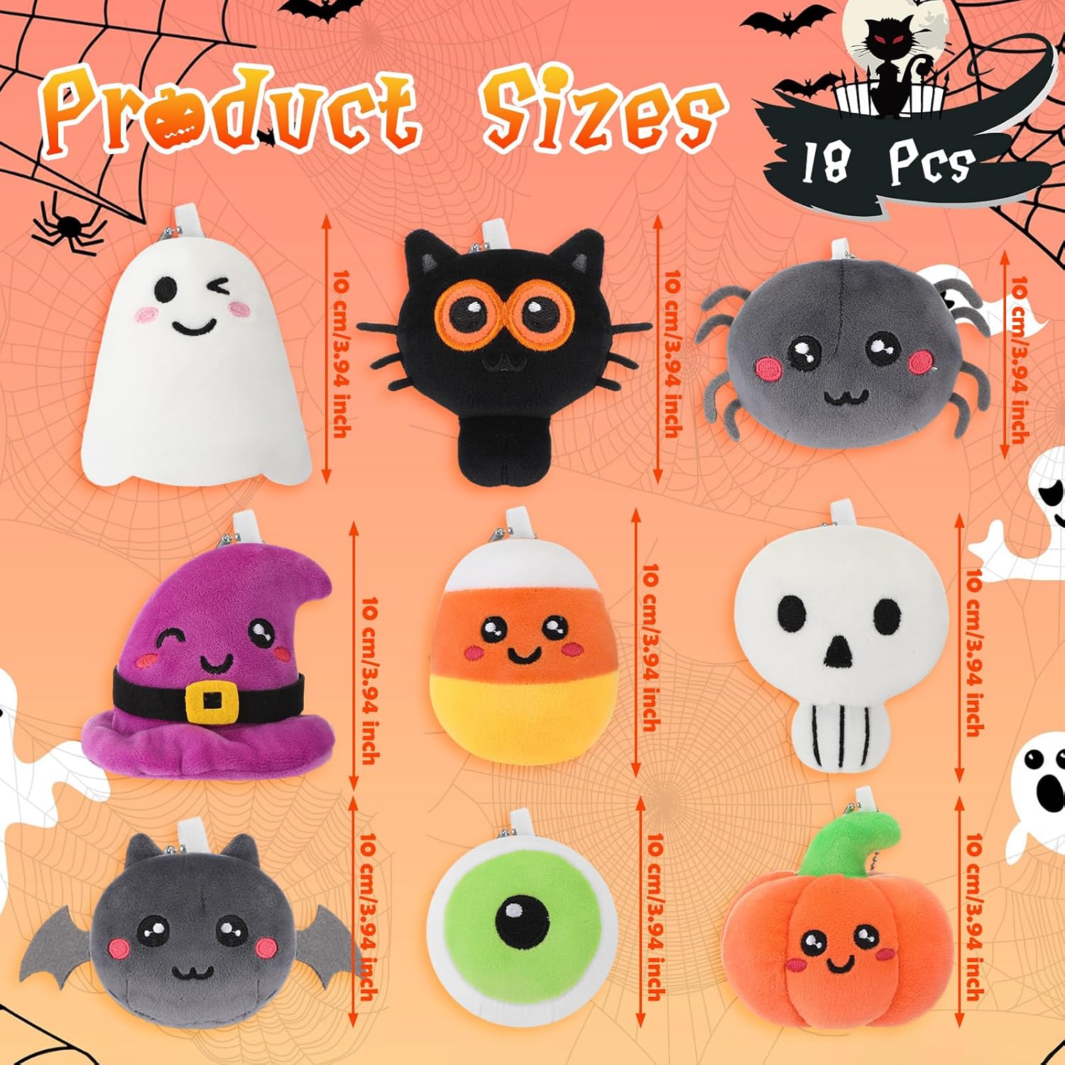 HyDren 18 Pcs Halloween Plush Toy bulk 4 Inch Halloween Stuffed Animals Trick or Treat Ultra-Soft & Cuddly Plush Keychain Stuffed Toy for Birthday Party Favors Gifts