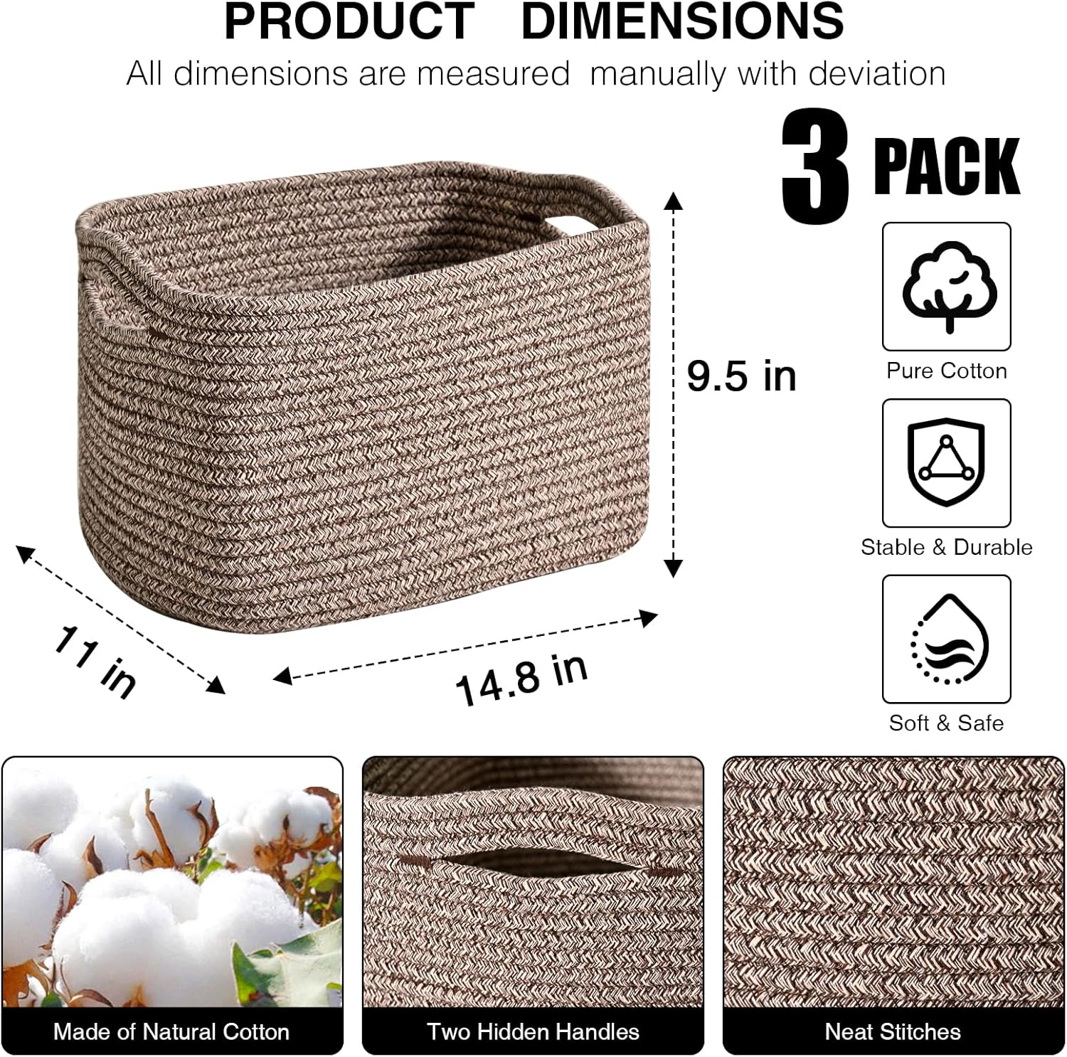 Storage Baskets for Organizing Shelves, Woven Cotton Rope Bins for Organization, Dog Toy Organizer for Shelf Living Room Bedroom, 14.8"×11"×9.5", Pack of 3, Dark Brown