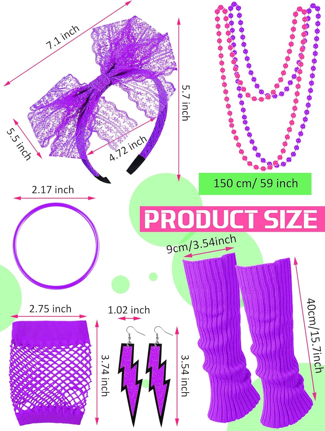 Vabean 19 Pcs 80s Costume Set T Shirt Leggings Tutu Skirt Headband Necklace Bracelets Earrings Gloves Leg Warmers for Women - Image 3