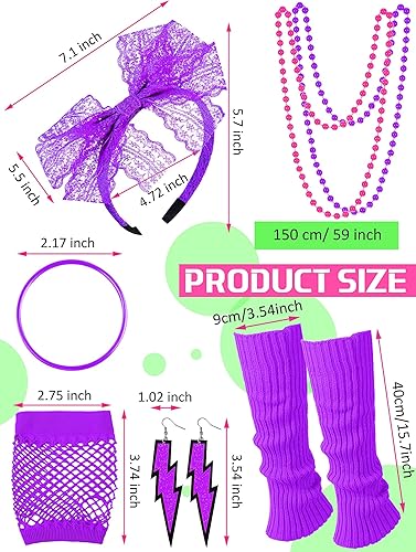 Miniatura 3 de Vabean Conjunto de disfraz de 19 piezas de los años 80 con camiseta, leggings, tutú, falda, diadema, collar, pulseras, aretes, guantes y