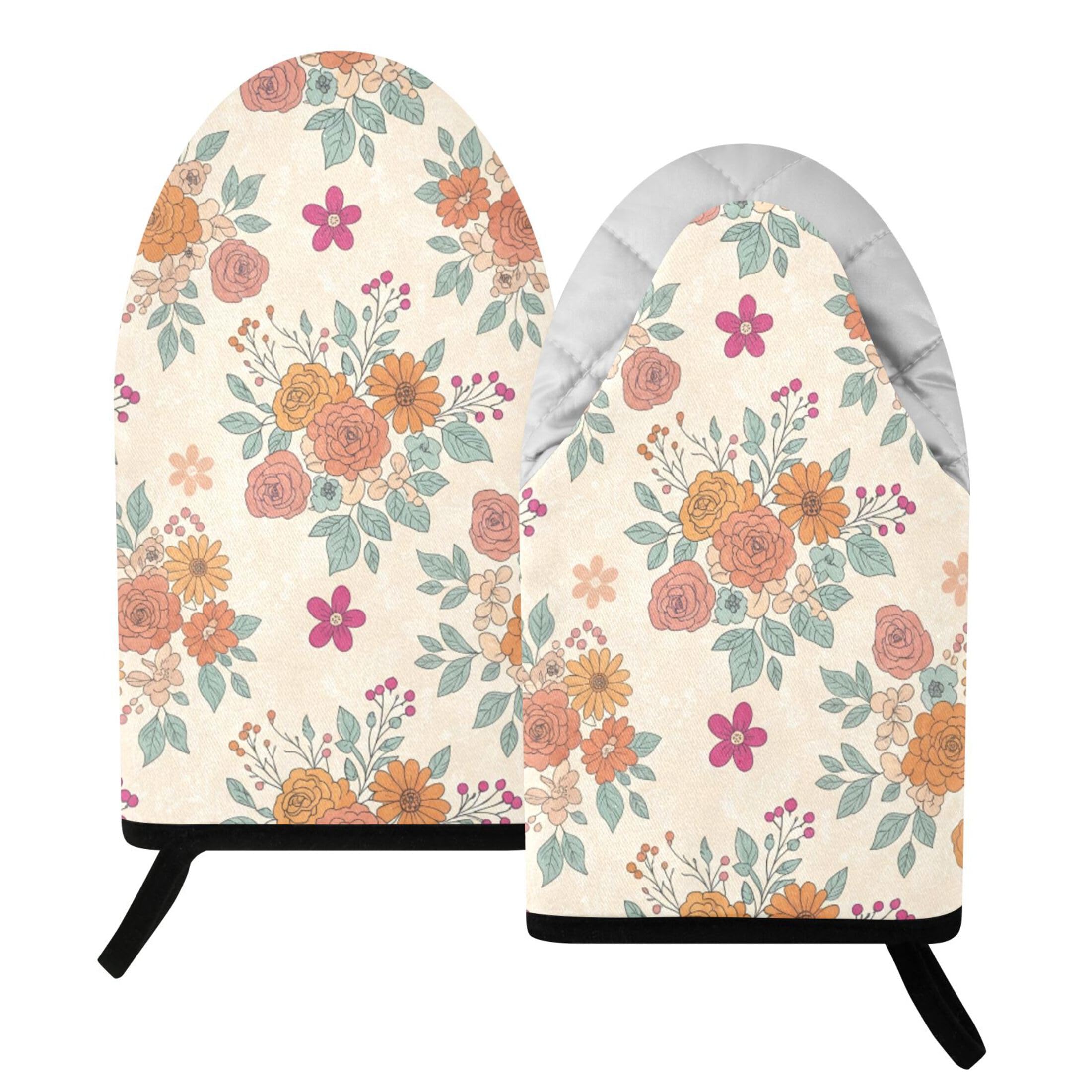 Fuauuyl Oven Mitts Heat Resistant Kitchen Gloves, Flowers Classic Oven Gloves with Hanging Loop for Baking BBQ Cooking Grilling, 1 Pair, 9.5 in
