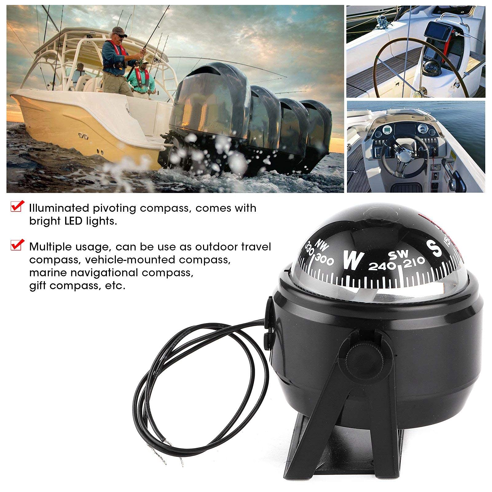 LED Backlit Boat Compass HD Sea Marine Pivoting Compass Electronic ...