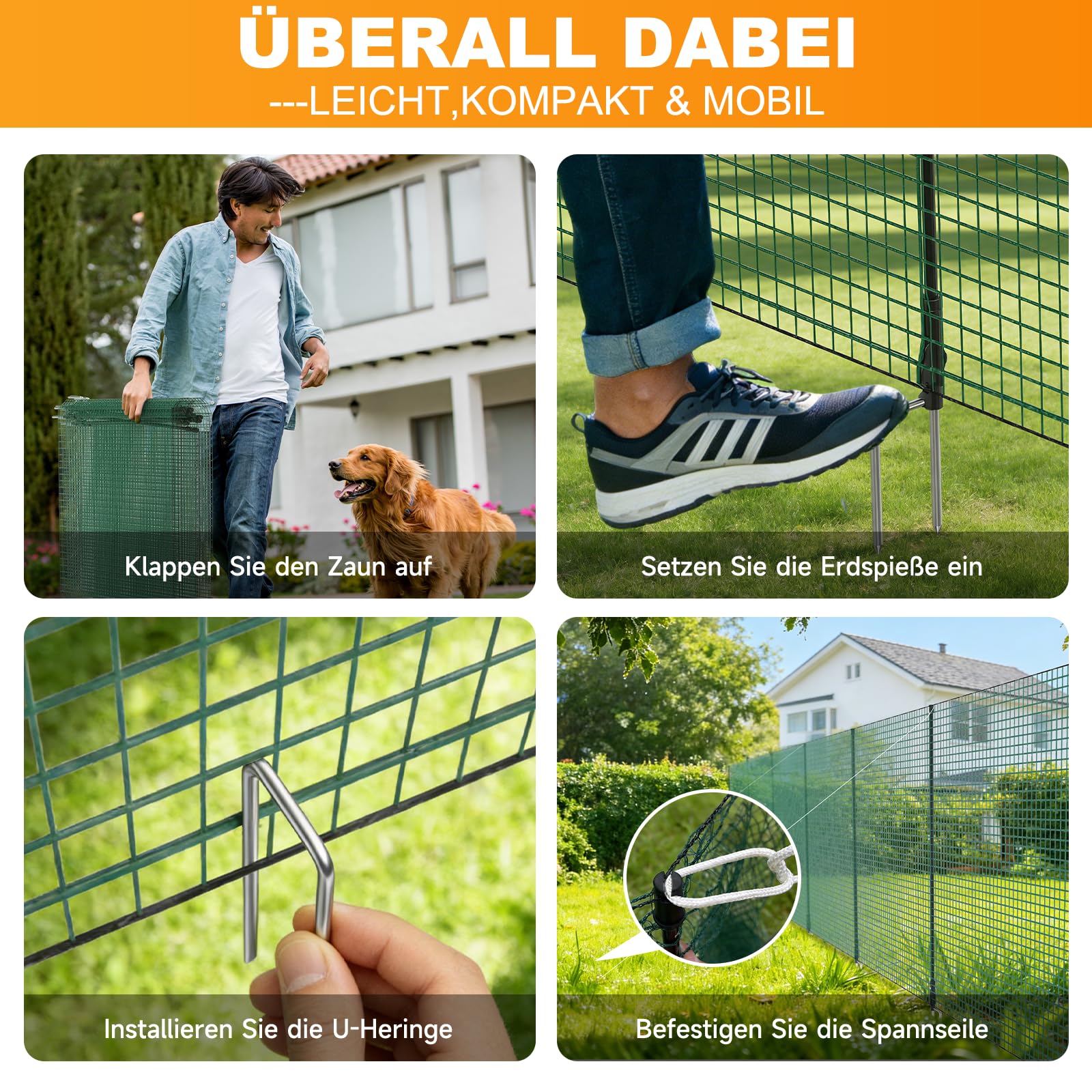 TEOV Mobiler Hundezaun 20m x 0.9m, Tragbarer Camping Zaun Komplett-Set, Universal Begrenzungszaun für Garten, Weide & Outdoor, Einfache Installation ohne Werkzeug
