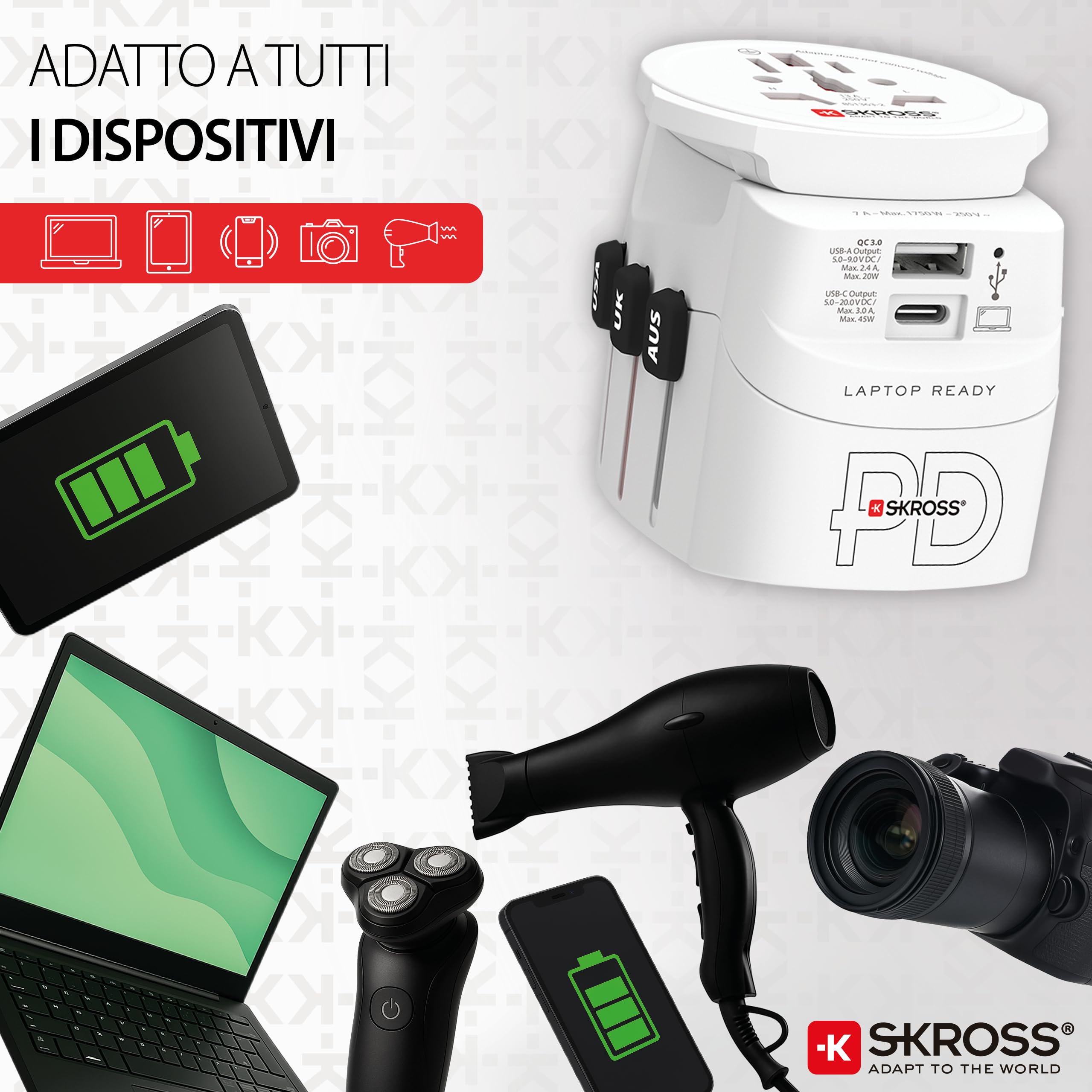 SKROSS - PRO Light USB AC45PD - Adattatore Universale da Viaggio da e per il Mondo con 2 Prese USB - Fast Charge da 45W - Tensione e Potenza : 100 V AC – 700 W / 250 V – 1750 W