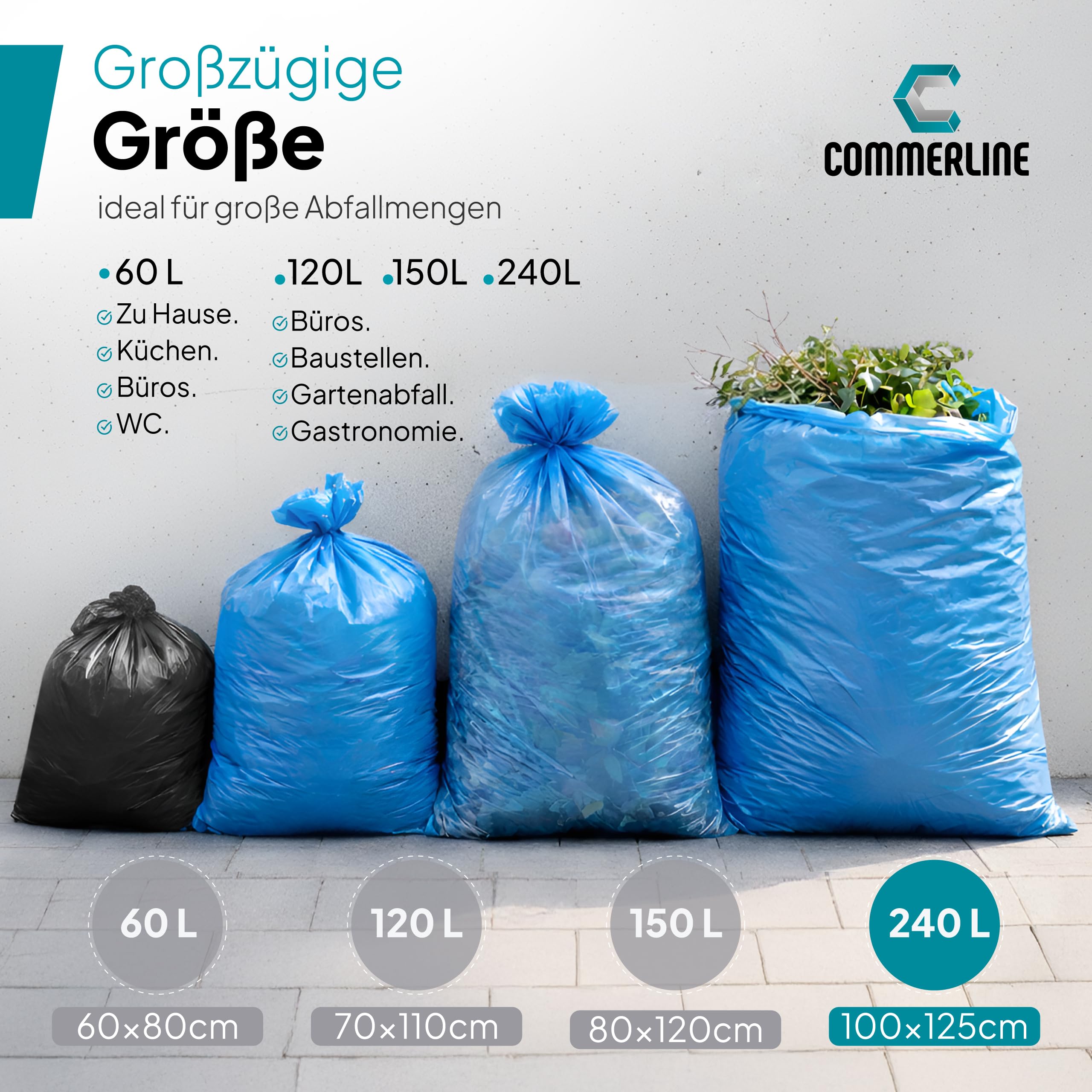 Commerline Bolsas de basura de 240 l, 10 rollos (100 unidades), color azul, 125 x 100 cm, resistentes a roturas y a prueba de fugas, para el hogar, oficina, comercio y gastronomía