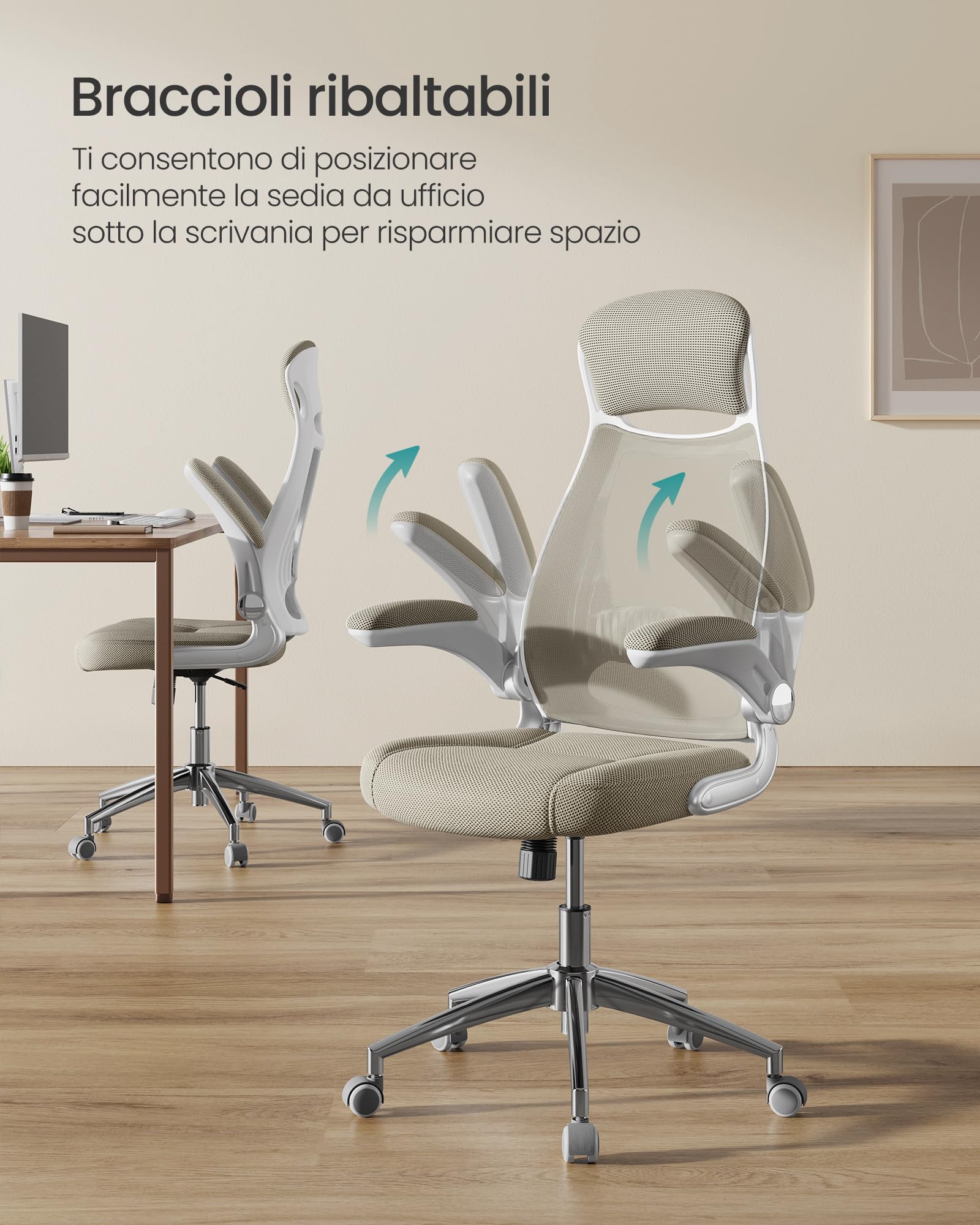 SONGMICS Sedia da Ufficio, Poltrona Girevole, con Braccioli Ribaltabili, Poggiatesta e Supporto Lombare, Inclinazione ad Oscillamento, Superficie in Rete, Beige Cappuccino OBN086K01