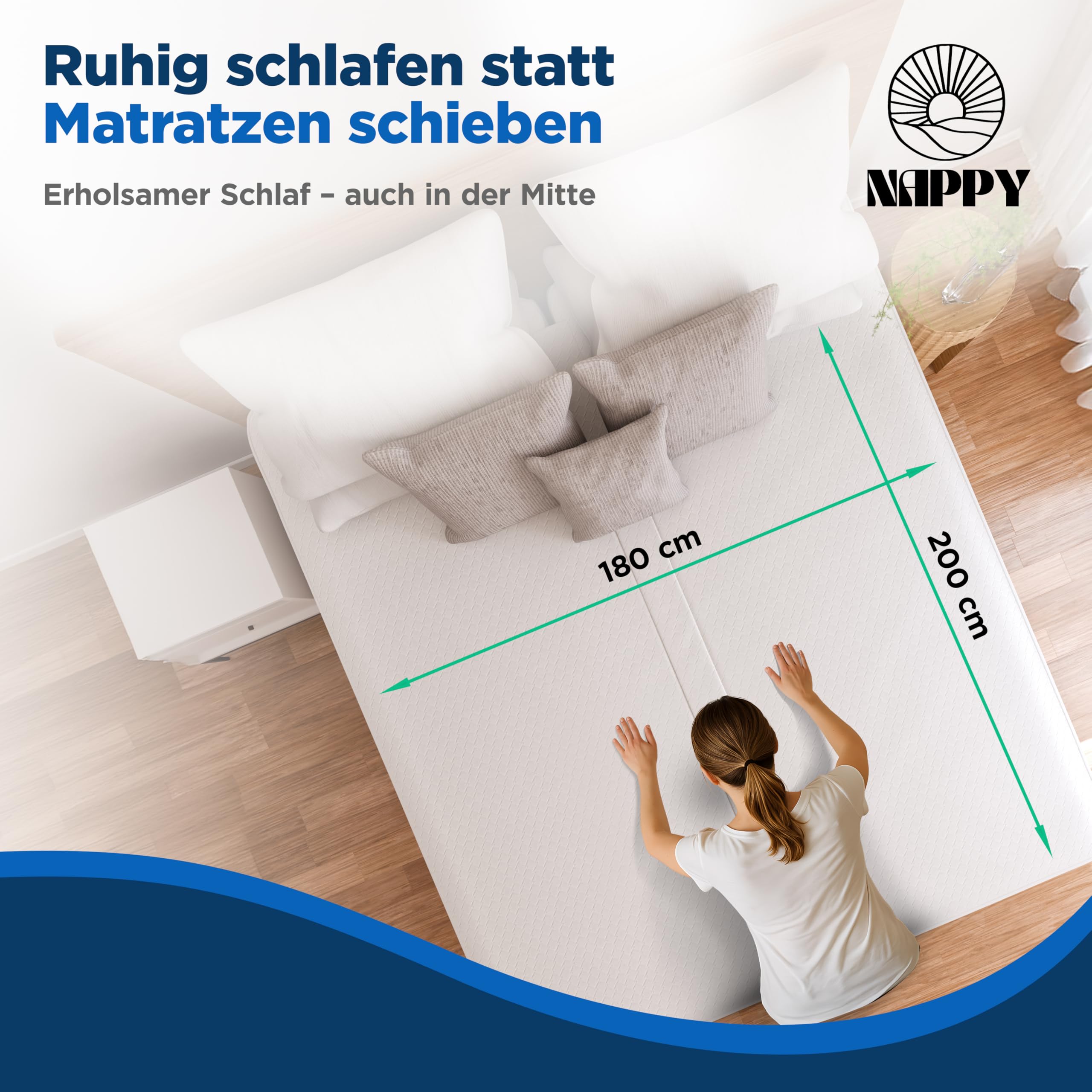 NAPPY Liebesbrücke 180x200cm waschbar | Matratzenkeil mit Matratzenverbinder wasserdicht für Paare und Eltern | Ritzenfüller für Matratzen gegen Verrutschen | Kombination mit Bettkeil (180cm x 200cm)