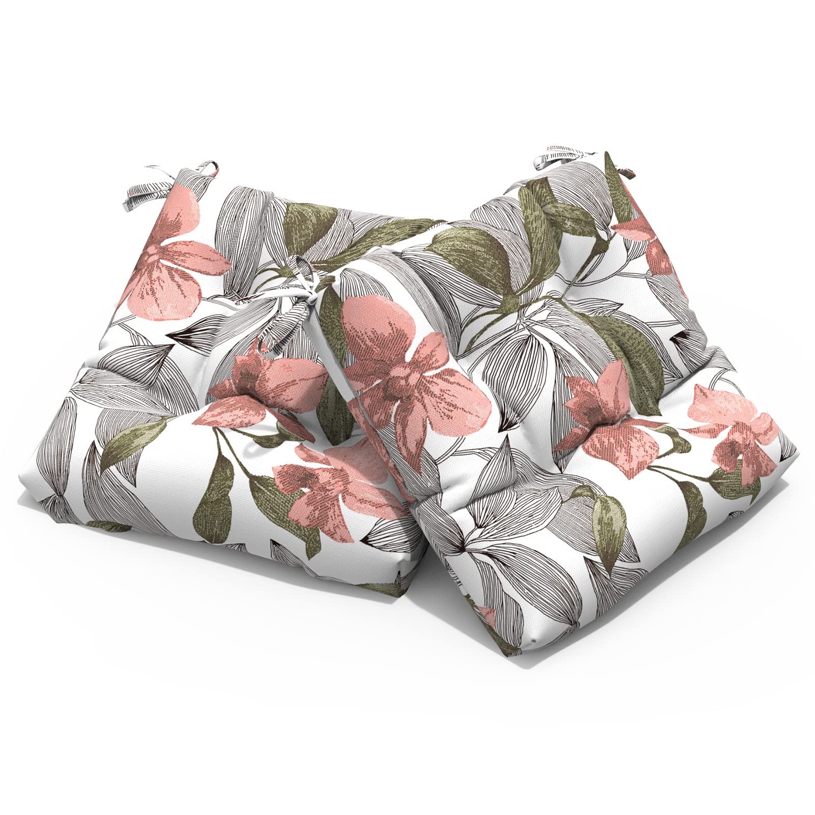 Melody Elephant Patio Square Tufted Seat Cushions with Ties, Fade Resistant Outdoor Wicker Chair Cushions, Pack of 2, 19 x 19 x 5 Inch, Clemens Noir Pink