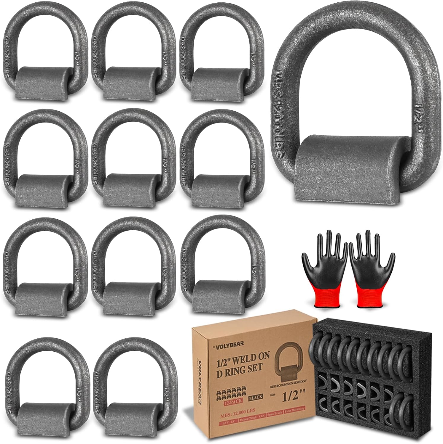 12 Pack 1/2" Heavy Duty Weld-On Forged D Ring, 1/2 inches D-Ring Trailer Tie Down Anchor for Trailer, Pickup-Truck, Semi-Truck,RV, ATV Tiedowns, Farm Machinery,Van. MBS:12,000 lbs