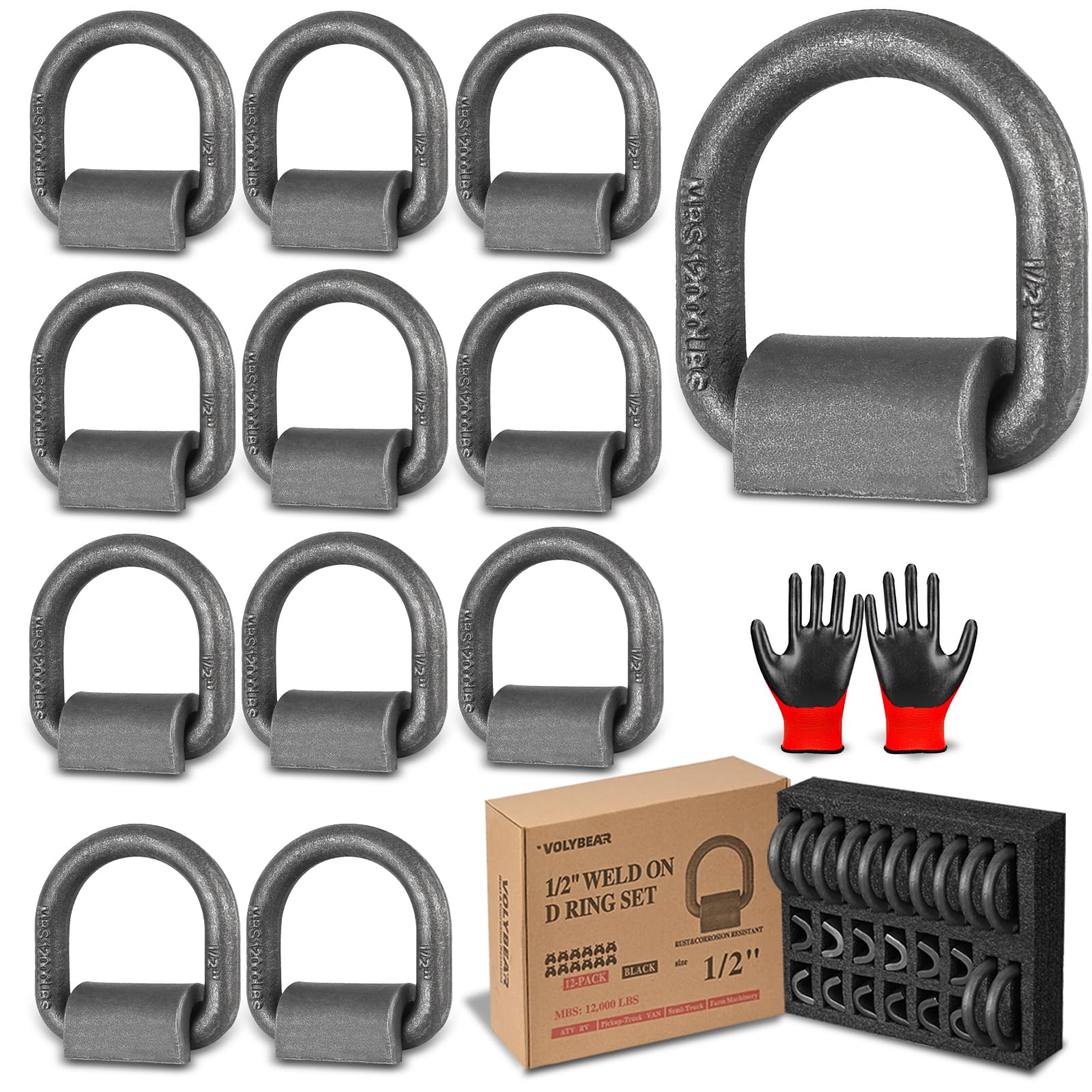 12 Stück 1,27 cm (1/2 Zoll) geschmiedeter D-Ring, 1,27 cm D-Ring-Anhänger-Spannanker für Anhänger, Pickup-Truck, Sattelzugwagen, Wohnmobil, ATV-Spanngurte, Landmaschinen, Lieferwagen, MBS