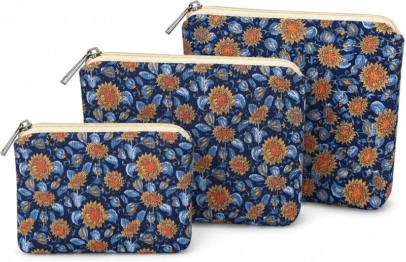 Conjunto com 3 necessaires de algodão BBORGDC com estampa de girassol e zíper