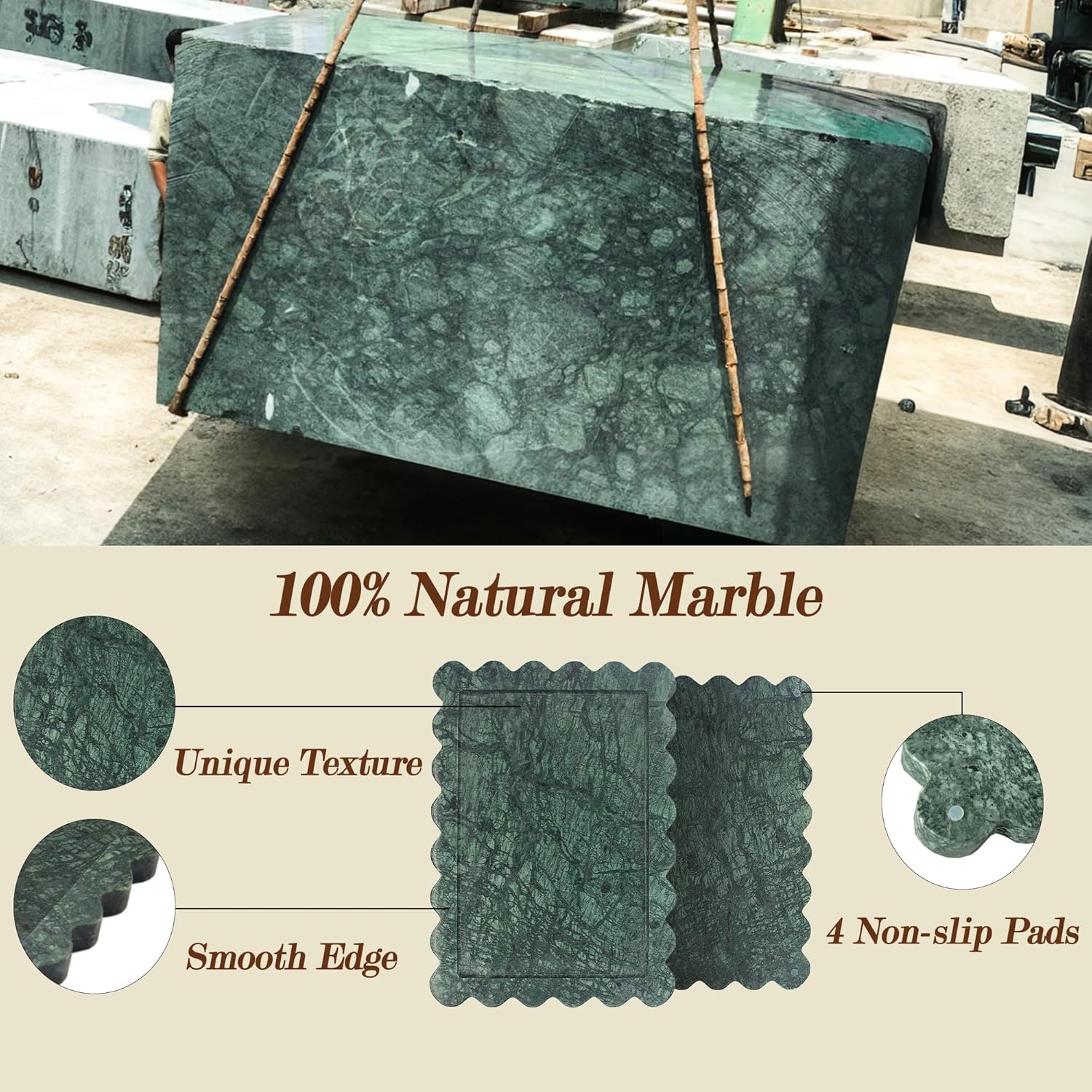 Genuine Indian Green Scalloped Marble Tray, Real Natural Marble Stone Trays, Luxury Decorative Trays for Bathroom, Dresser, Vanity, Home Decor, 10.6" x 8", Dark Emerald Green