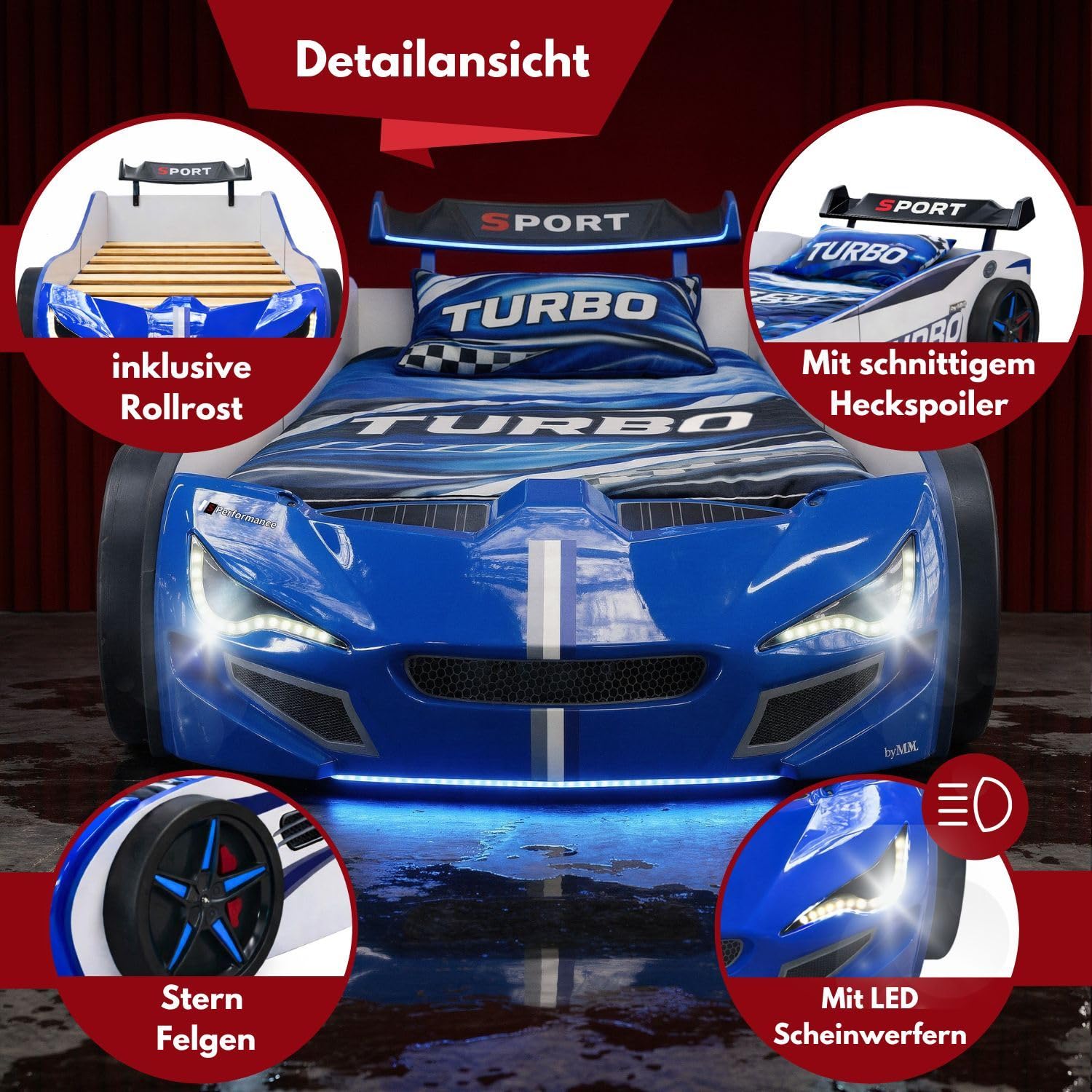 Coemo Autobett GTE Kinderbett 90x200 Rennwagenbett inkl. Rollrost, Sound Hupe Motor, LED-Leuchte Bett Farbe Blau Sportwagen-Design Spoiler