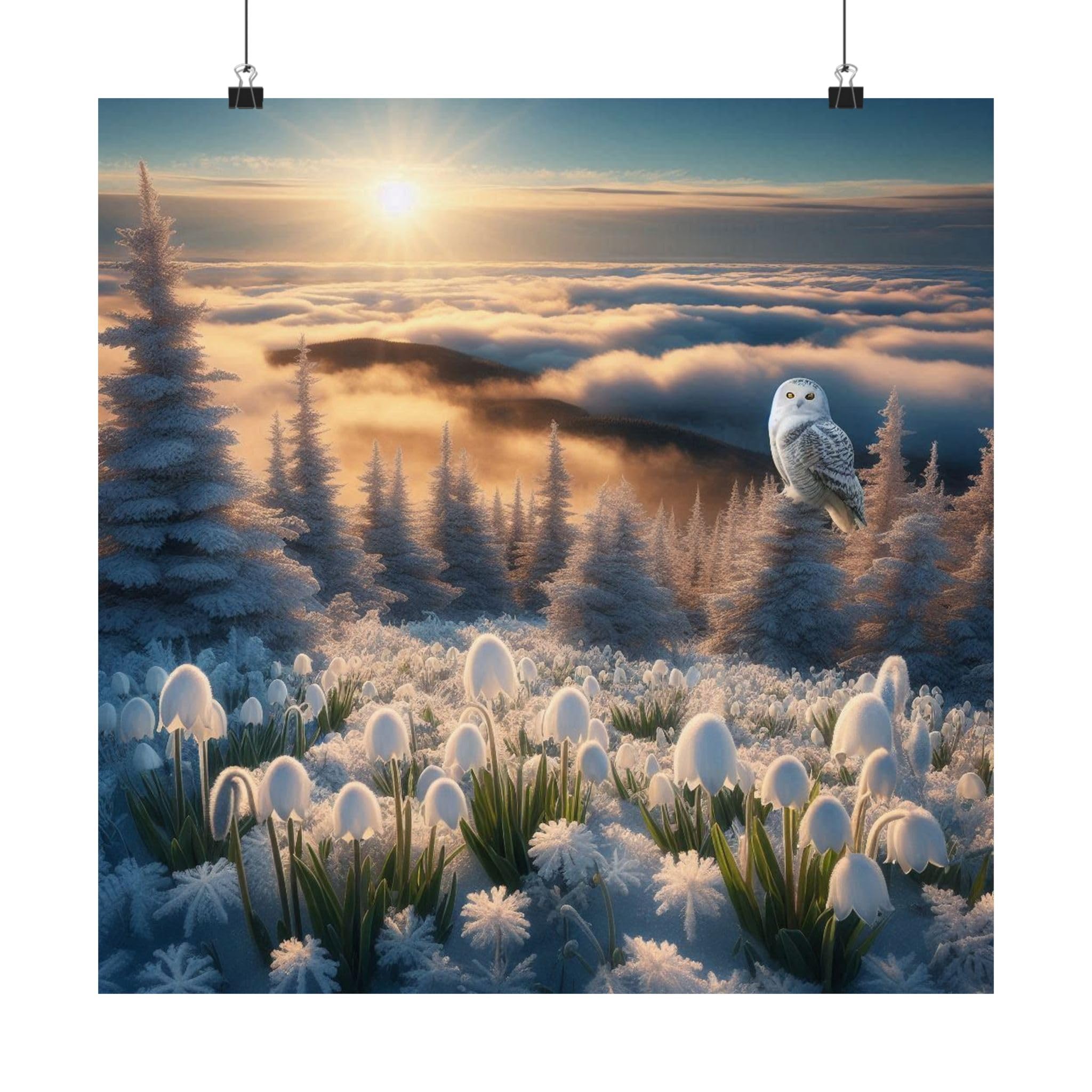 A Snowy Owl Above Frosted Pines and Snowdrops in Maine - 18x18 Inch Matte Poster - Made in USA