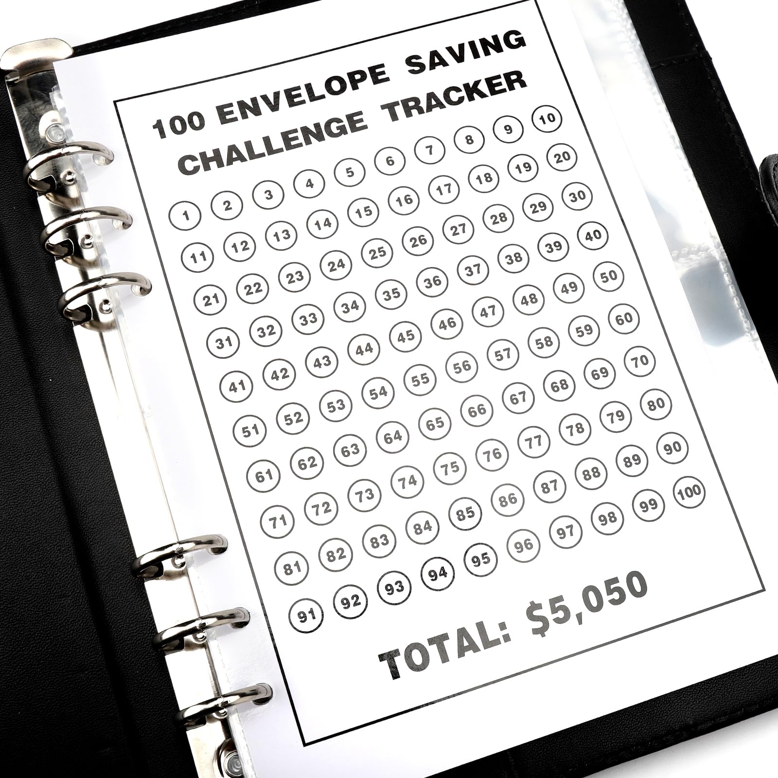100 Envelope Challenge Binder, Buste Sfida Binder, Cartella Budget per risparmiare €5,050, Sfida risparmio per pianificatori di bilancio (nero)