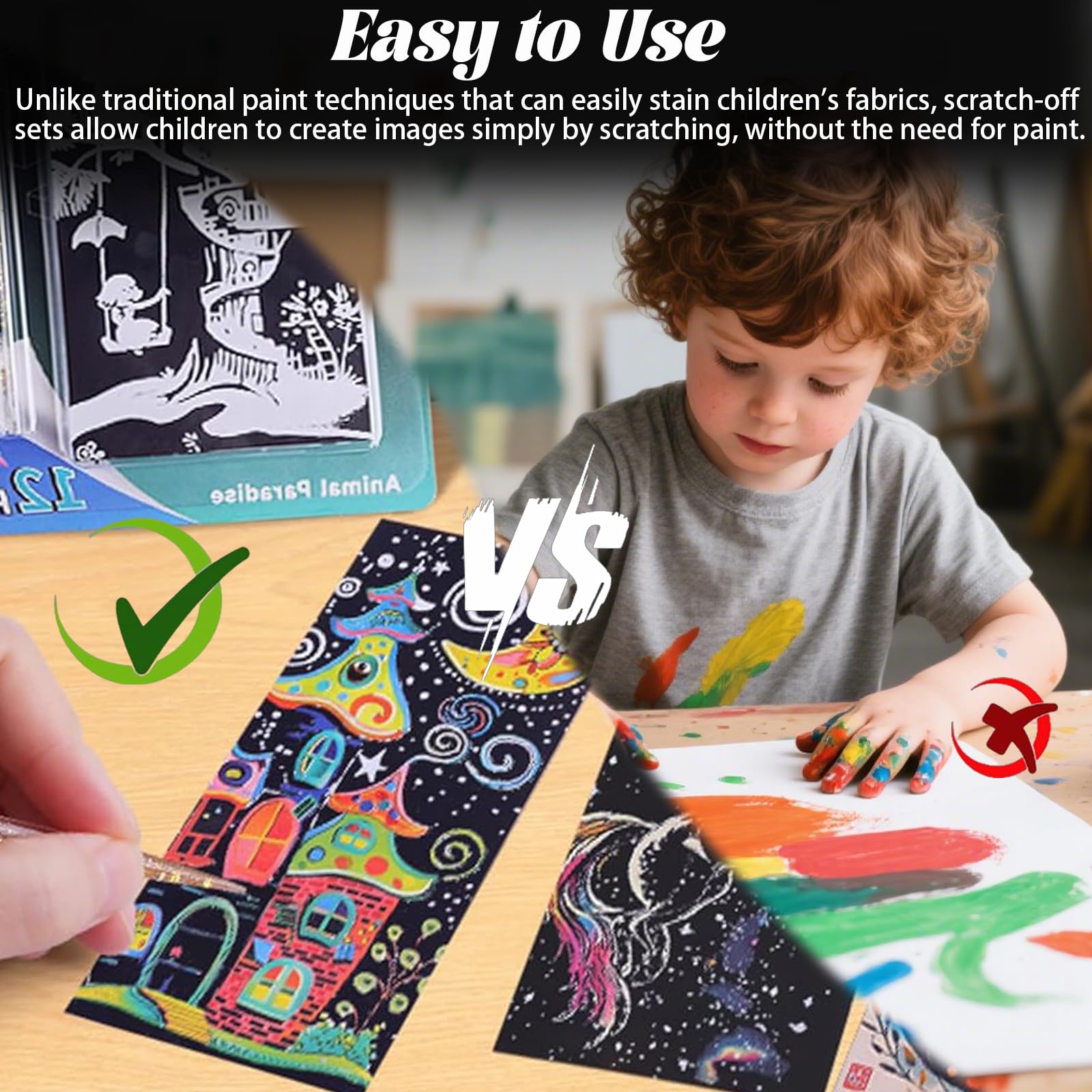 Carte à Gratter Enfant 24 Pièces + 2 Stylos Dessin Gratter Rainbow Painting Sketch Activité Manuelle