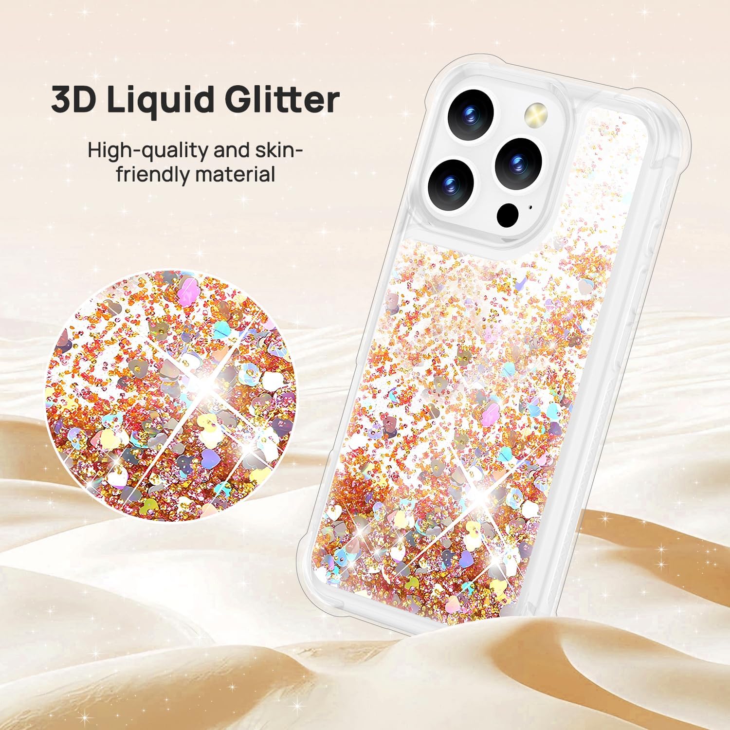 Liquid Glitter Case for iPhone 16 Pro Max, Flowing Sparkle Quicksand Design Bling Glitter Clear Case for Women, Soft TPU Shockproof Girly Case, Gold - Image 2