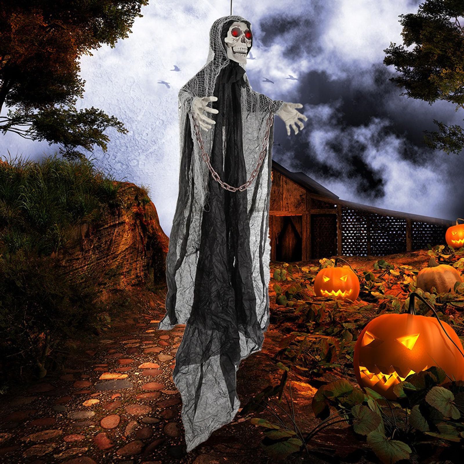 Decorazione da appendere a forma di scheletro di Halloween, realistica, con catena, per esterni, giardino, portico, cortile, struttura spaventosa