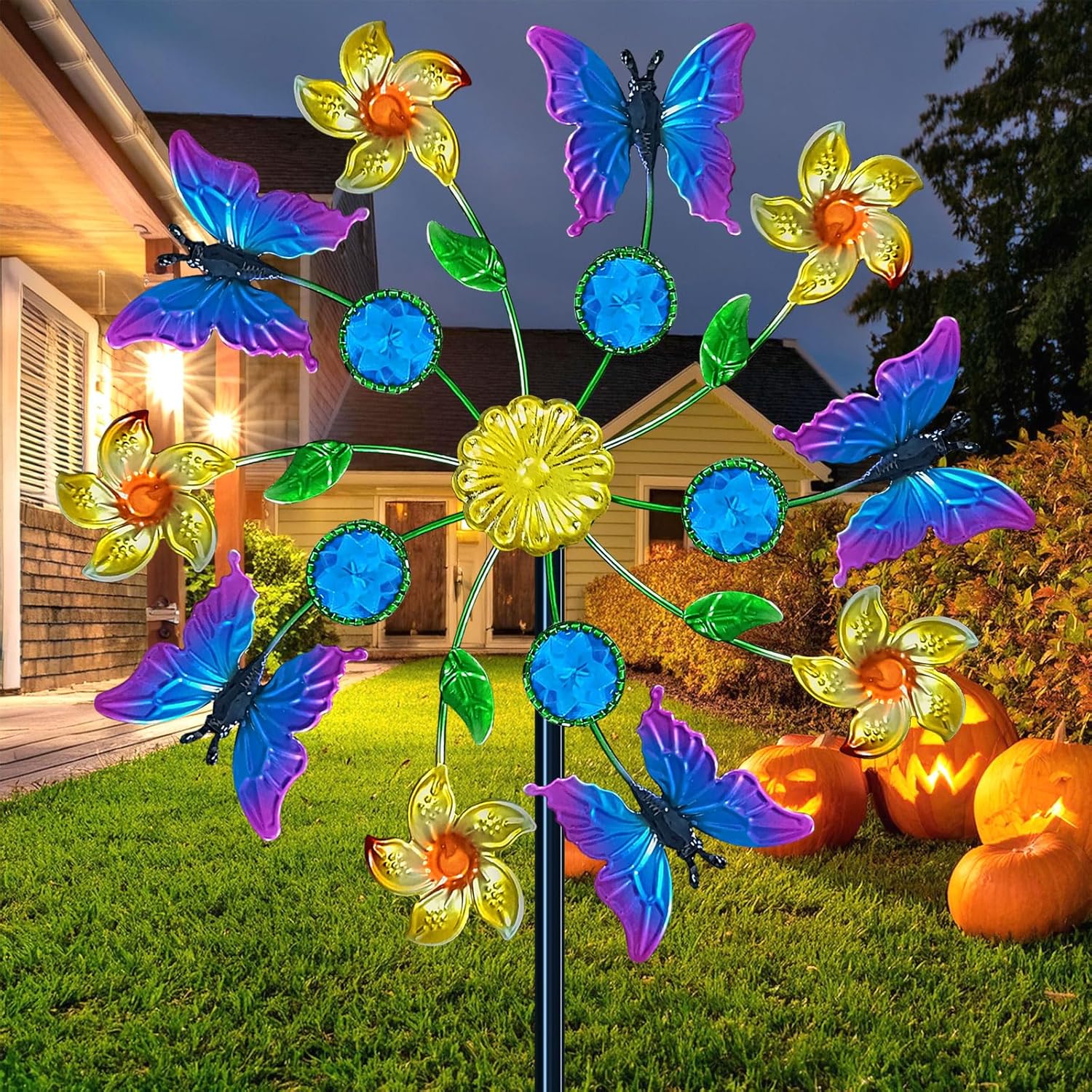 44" Butterfly Gem Wind Spinners Garden Stake, Flower Butterfly Wind Sculpture Yard Art Decorations for Lawn,Patio&Yard & Garden Decor, Metal Whirligigs Wind Spinners Outdoor