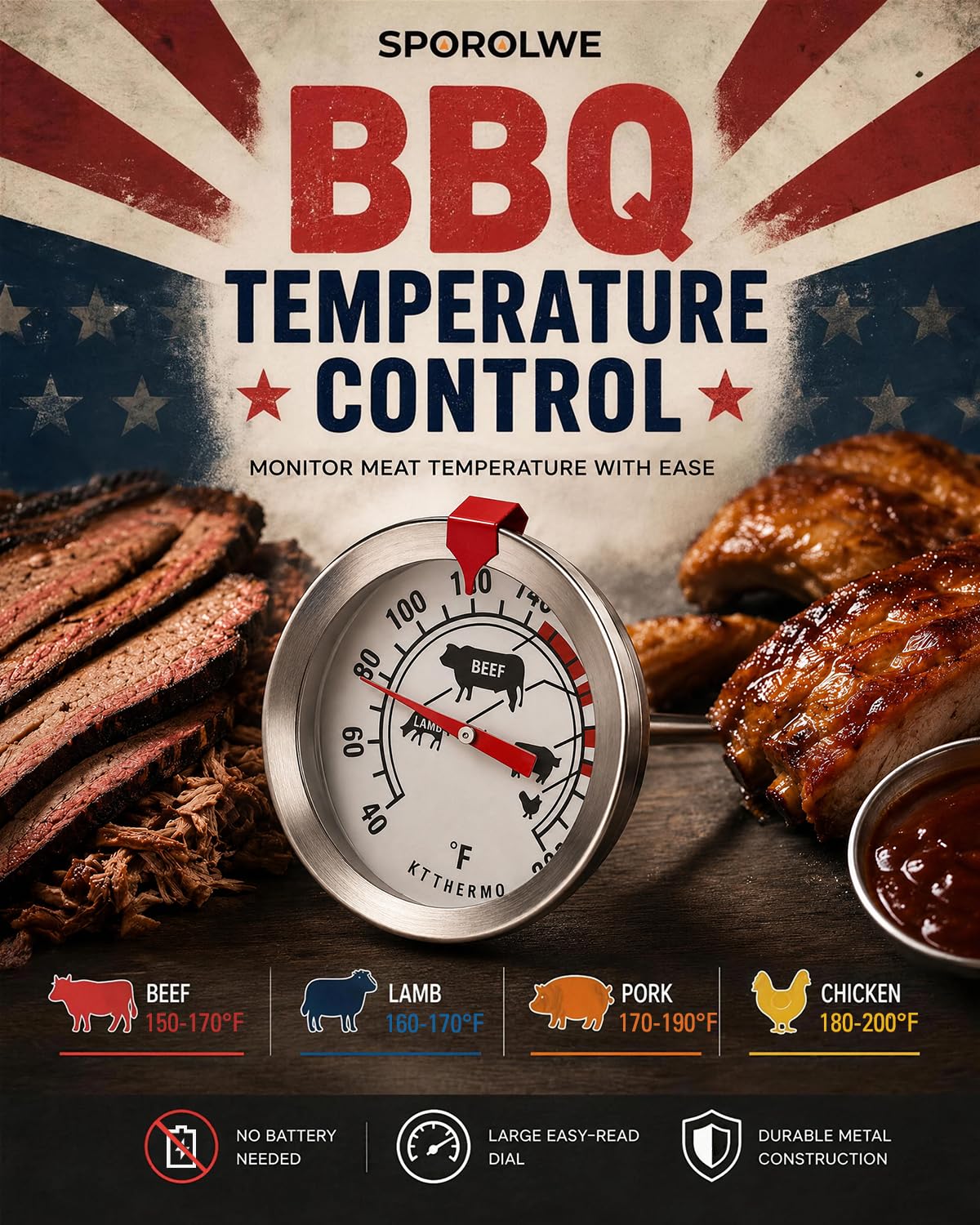Termometro per carne da 150 a 190 °C, quadrante grande da 5 cm, termometro analogico per alimenti senza batteria, con icone di cottura e indicatore rosso rimovibile