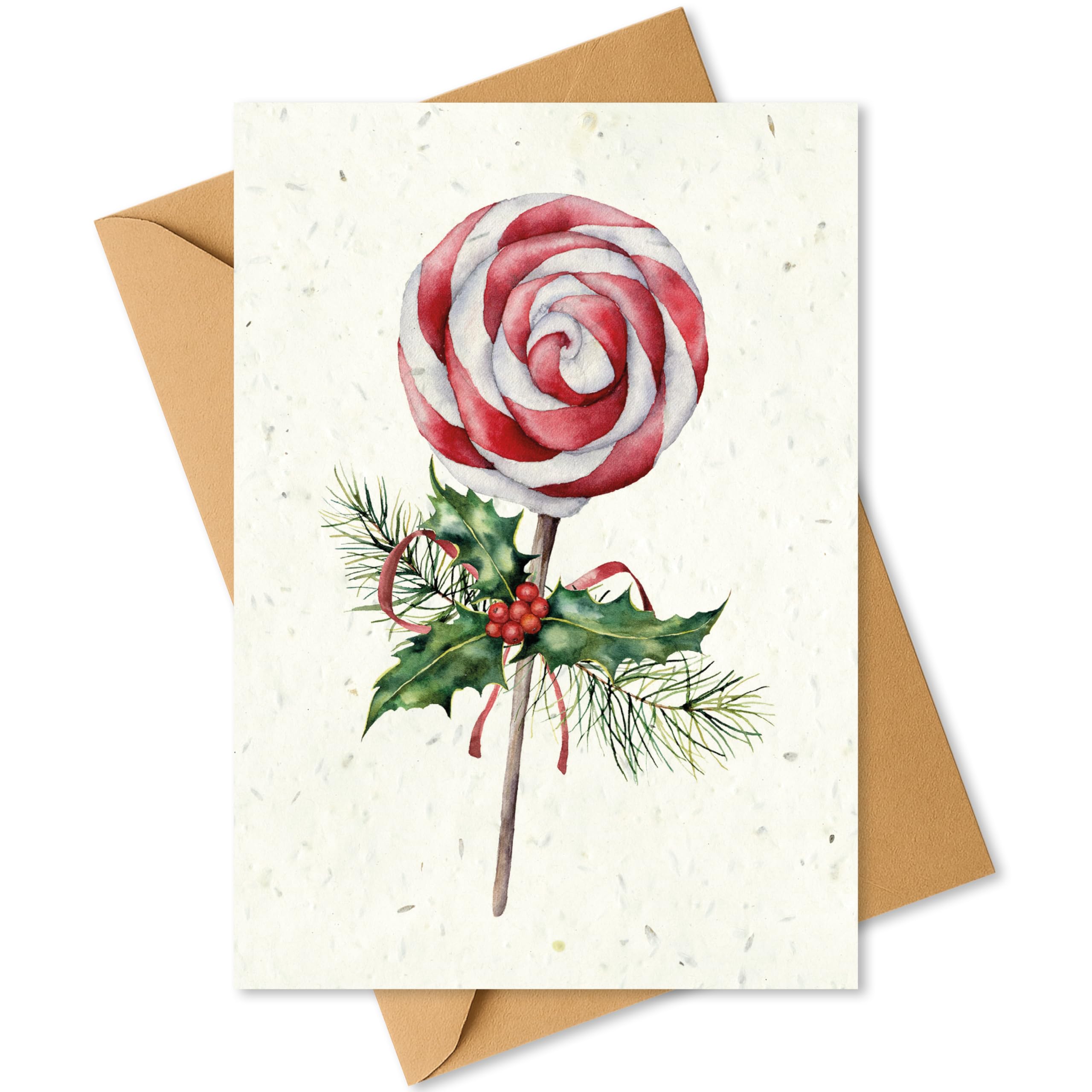 Plantable Christmas Card with Traditional Candy Lolly Design – Eco Friendly Biodegradable Seed Paper Greeting Card, Zero Waste Christmas Card for Friends & Family (1 Card and Envelope)