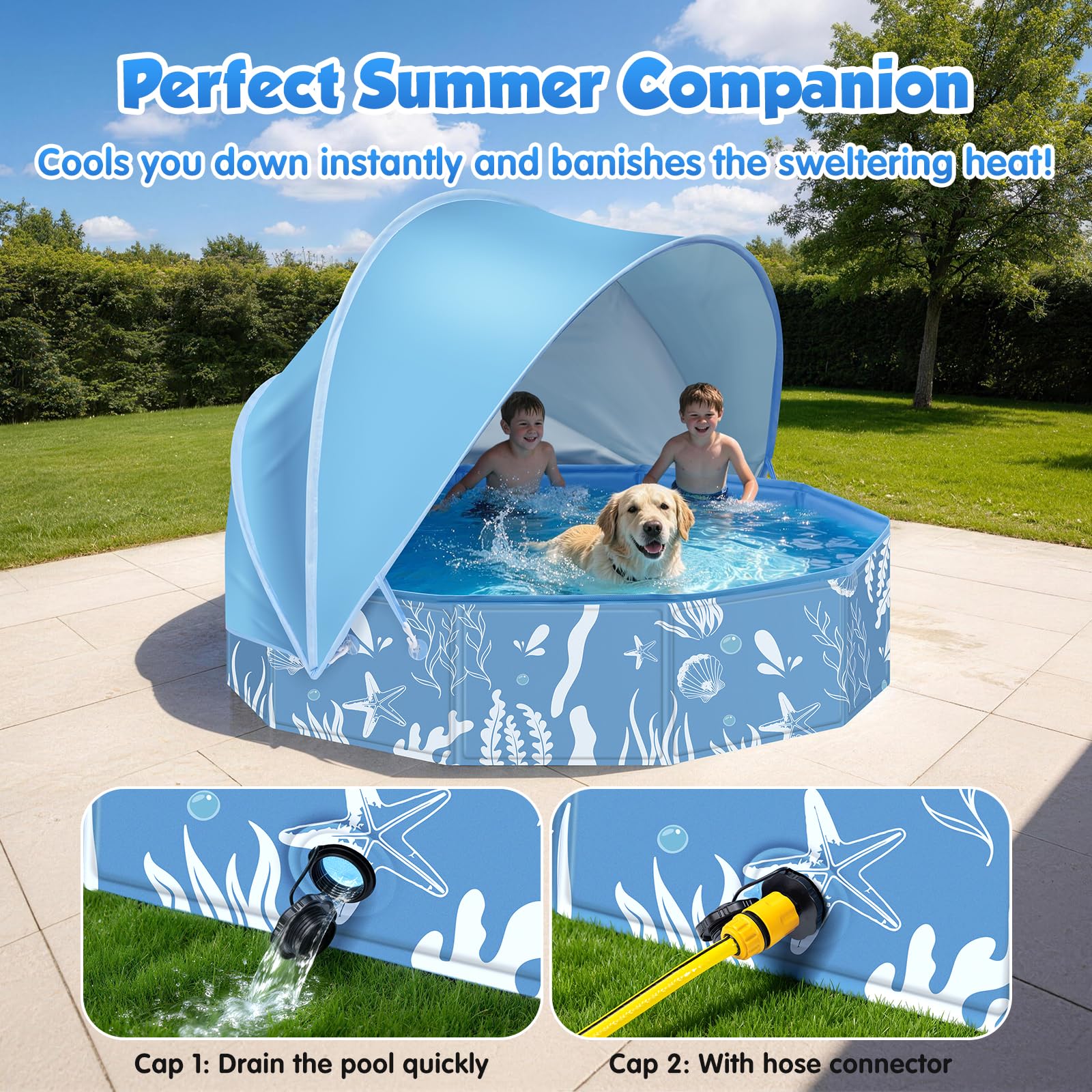Faltbarer Hundepool mit Abnehmbarem Sonnendach 120cm Robustes Planschbecken für Kinder Hunde Pool mit Dach Rutschfestes Hundebadewanne Kinderpool Garten Outdoor