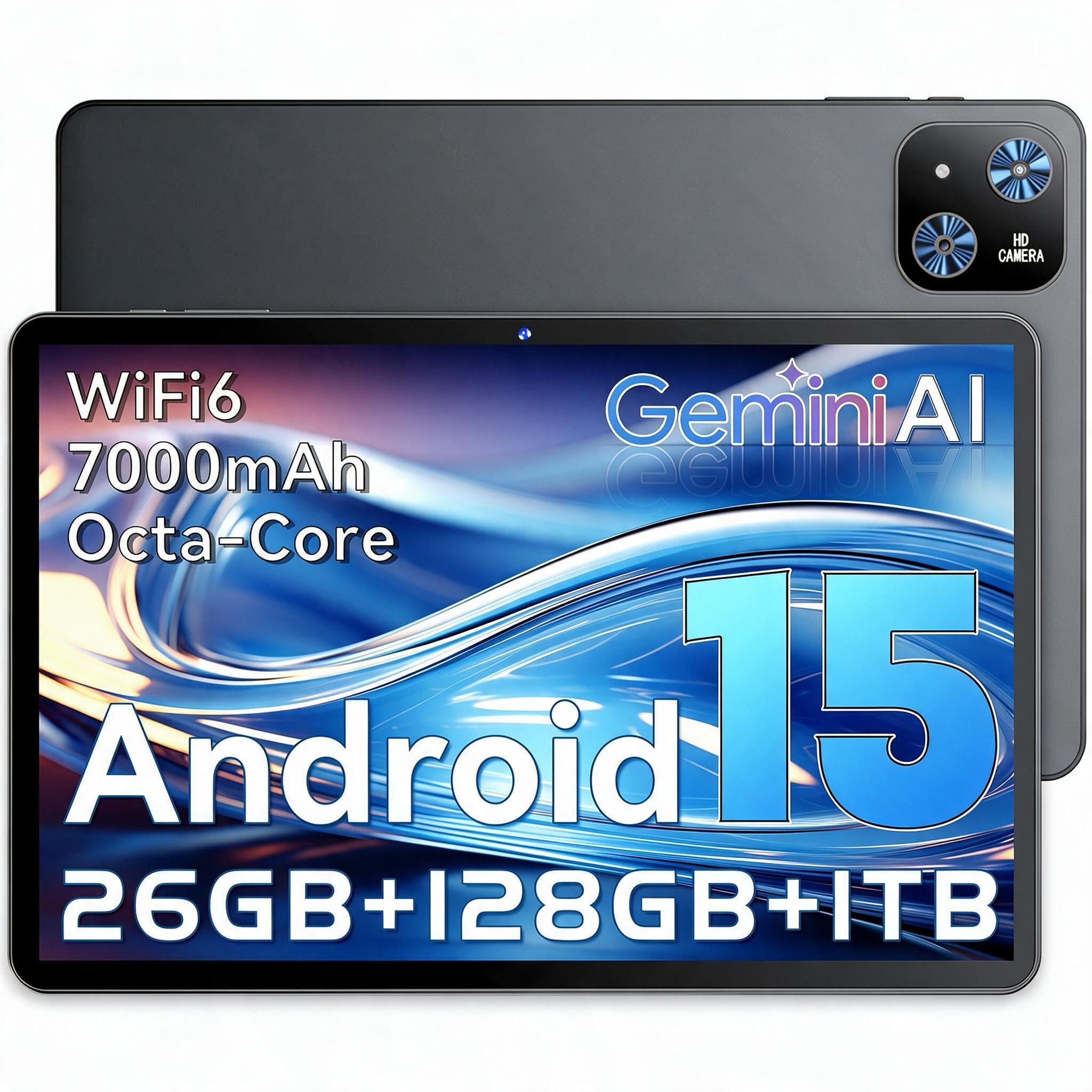 Tablet 10 Pulgadas Android 15 Negro, 6GB RAM (hasta 18GB con expansión) 128GB, Octa-Core T30, Pantalla IPS 1280×800, Batería 6000mAh, WiFi Dual, GPS, Desbloqueo Facial, Bluetooth, USB-C, TF hasta 1TB