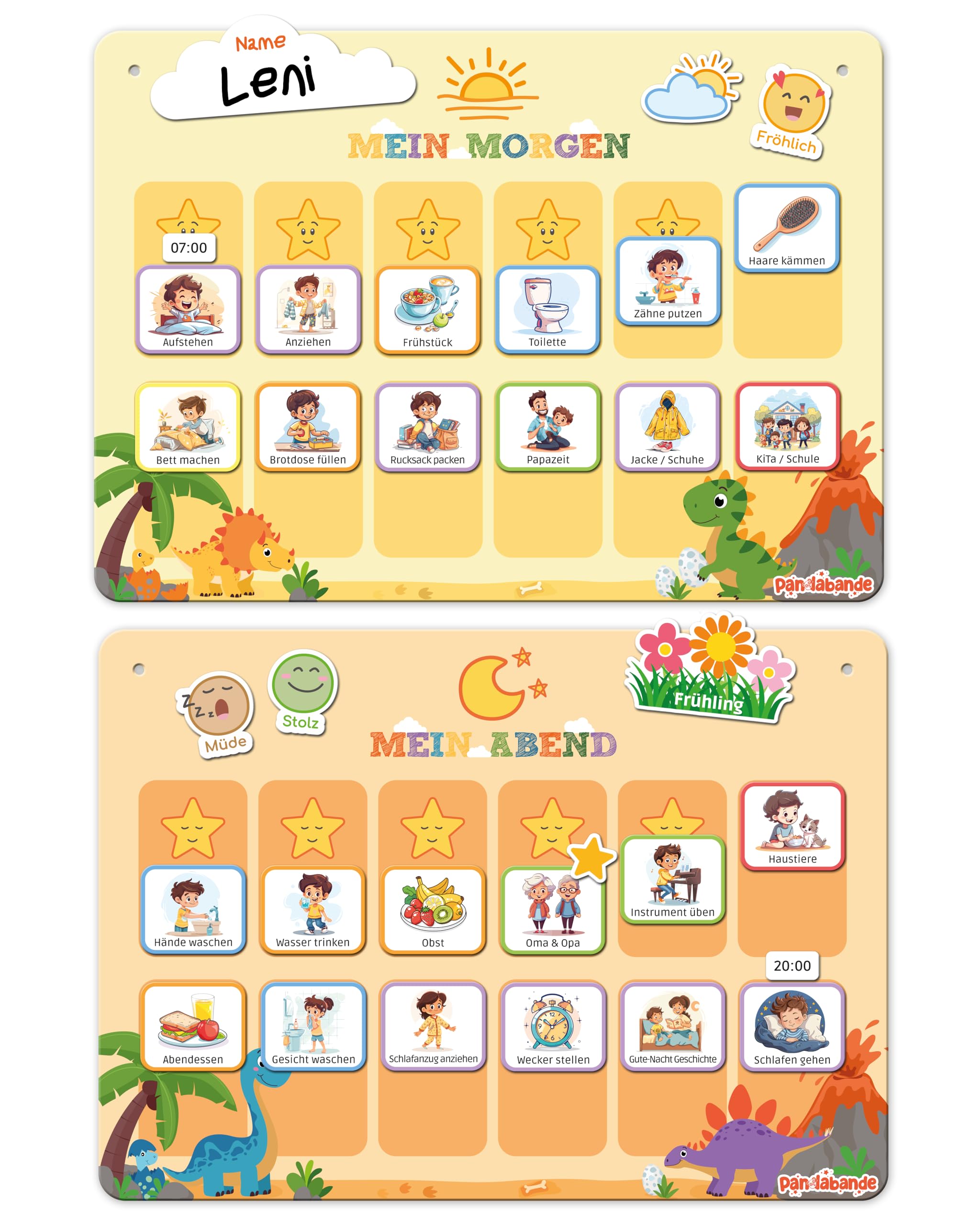PANDABANDE Routine Planer Kinder für Morgenroutine und Abendroutine | Montessori Tagesplaner Kinder Routine mit 115 Magneten - Magnetischer Routineplaner für Morgens und Abends