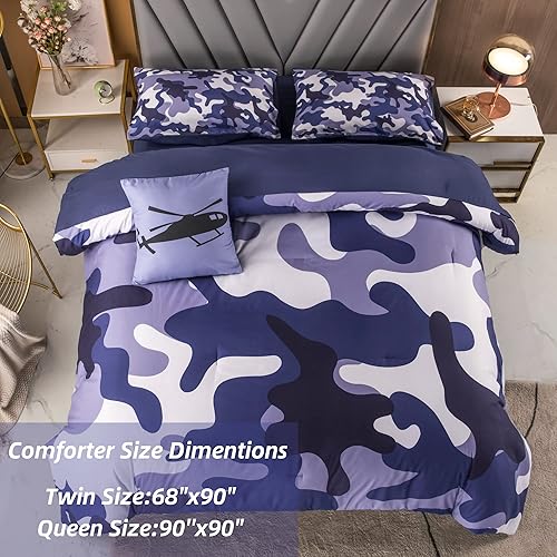 Miniatura 4 de PERFEMET Juego de edredón de 6 piezas de camuflaje azul, cama individual en una bolsa, juegos de ropa de cama de camuflaje militar de granja con