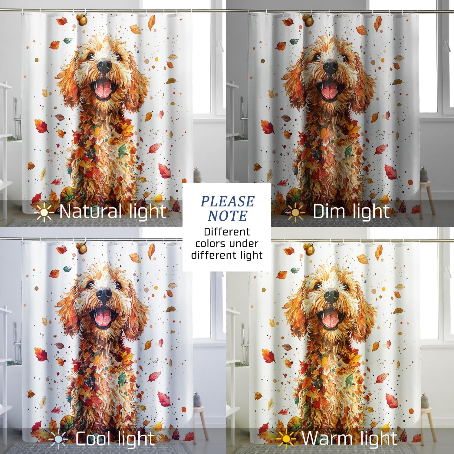 Fall Golden Doodle Dog Shower Curtain Set 72 Inch with Hooks, Autumn Colorful Leaves Bathroom Decor, Pet Printed Pattern Bath Accessories