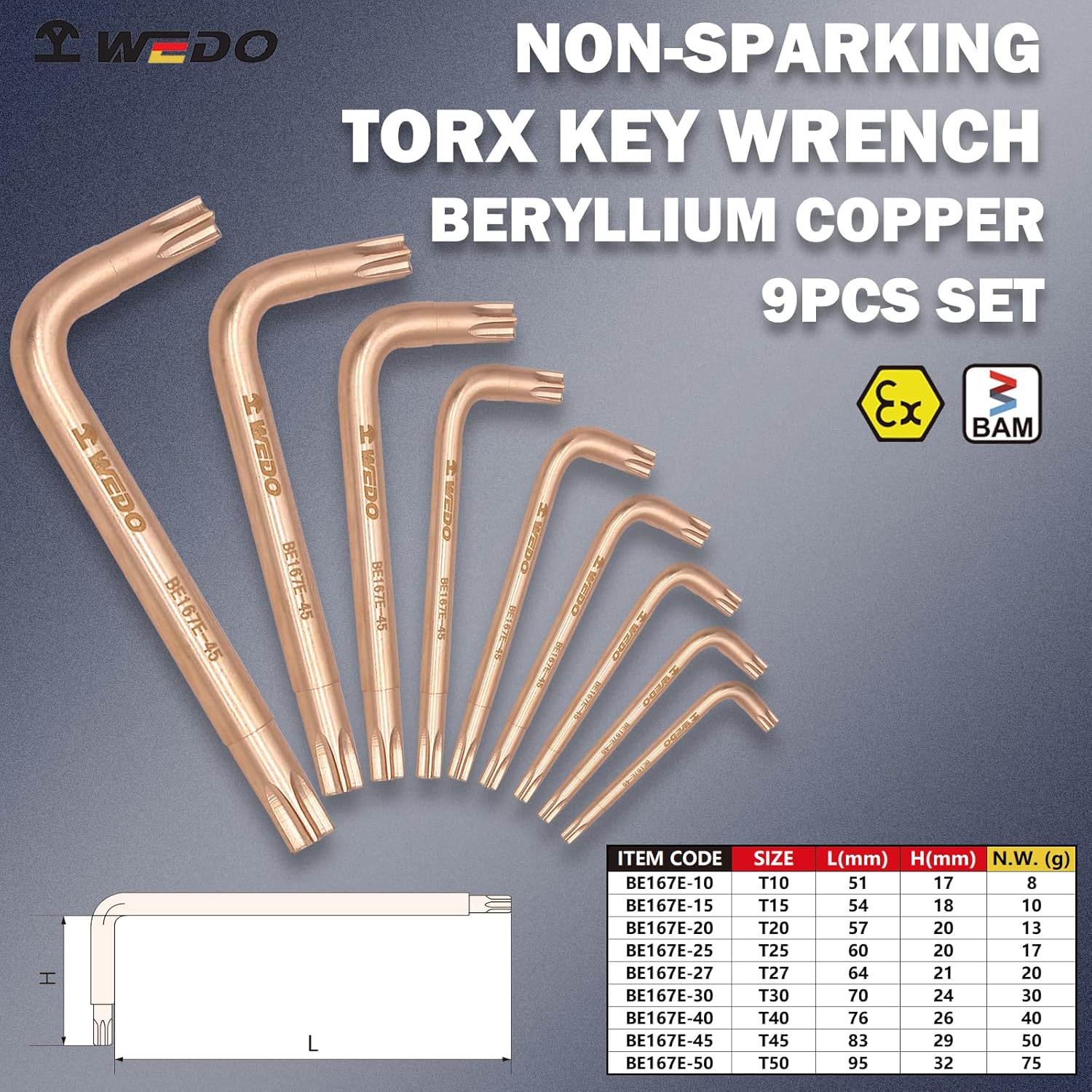 WEDO Non-sparking Torx Wrench Set 9PCS,T10,T15,T20,T25,T27T30,T40,T45,T50,Spark-free Star Allen Wrench Set,Torx L Key,Beryllium Copper,Non-magnetic,BAM&FM Certificate