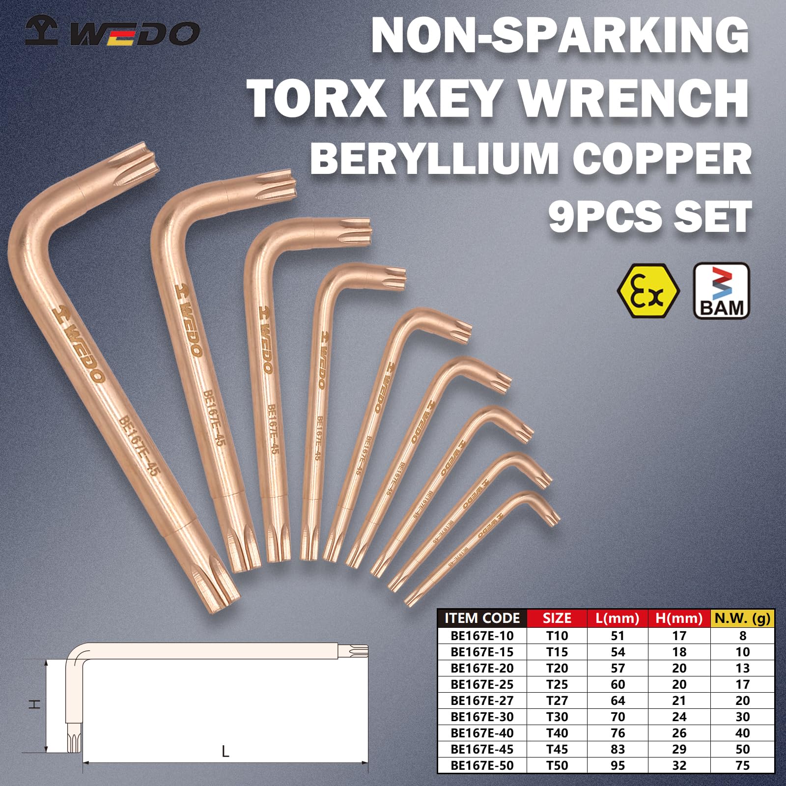 WEDO Juego de 9 llaves Torx sin chispas, T10, T15, T20, T25, T27T30, T40, T45, T50, juego de llaves Allen estrella sin chispas, llave Torx L, cobre berilio, no magnético, certificado BAM y FM