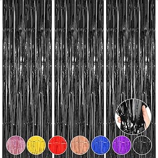 ACCEVO 3Pack Black Foil Fringe Curtains Party Streamers 3.2ft x 8.2ft Door Streamer Tinsel Streamers Black Party Decorations Photo Booth for Halloween New Year Holiday Celebration Party Decoration