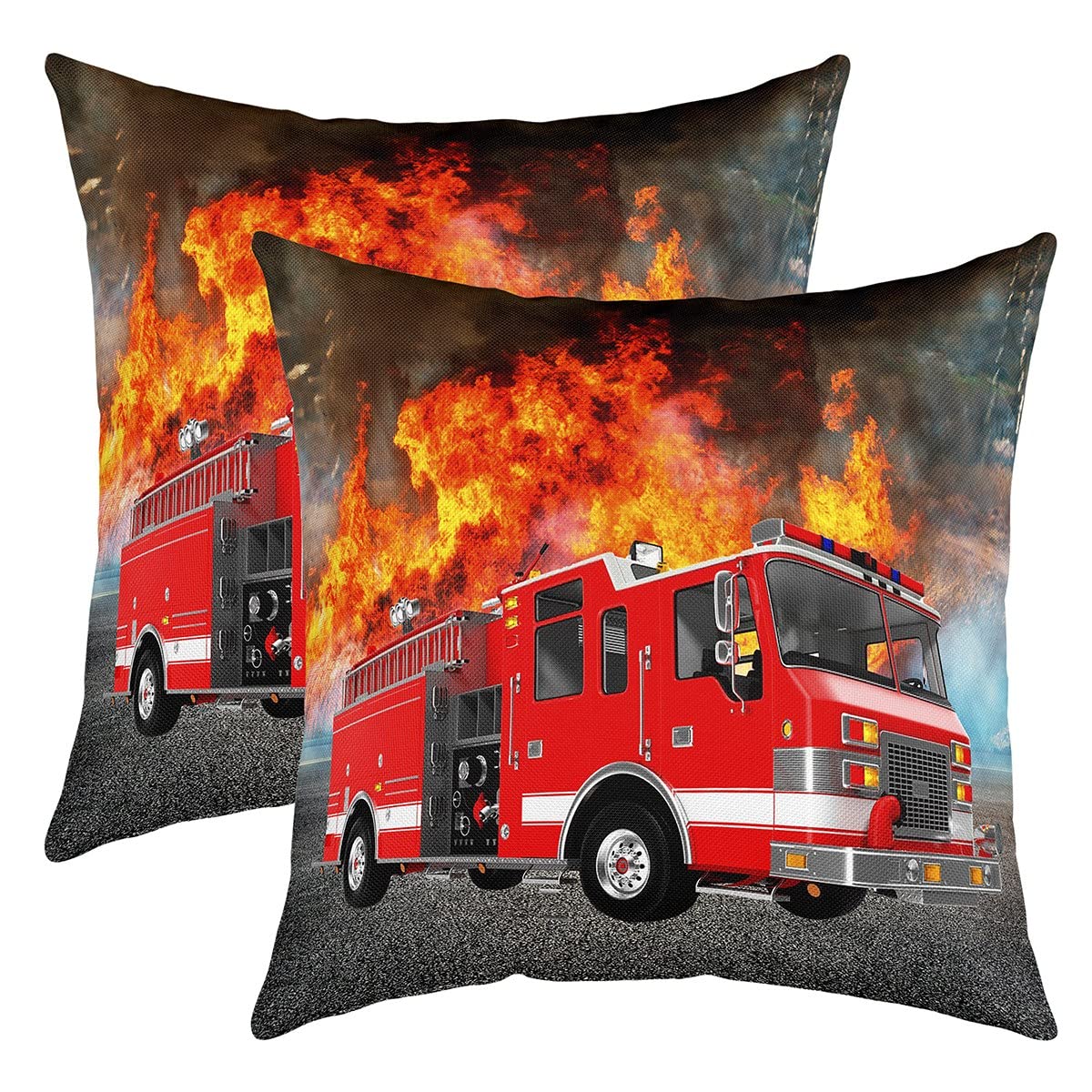 Fire Truck Throw Pillow Covers 18"x18" Set of 2 Soft Cartoon Cushion Covers Pillow Cases For Sofa Bedroom Reversible Firefighter Firemen Car Vehicle Red Grey Decorative Throw Pillowcases — image 1