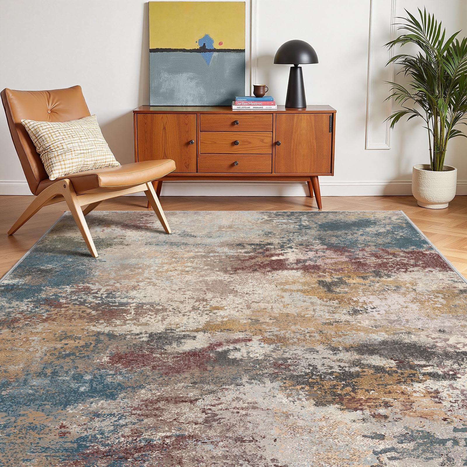 GENIMO - Tappeto Antiscivolo Moderno Astratto - 120x170cm - Corto Pile - Per Ambienti Eleganti e Comfort - Perfetto per Soggiorno - Arancione Blu