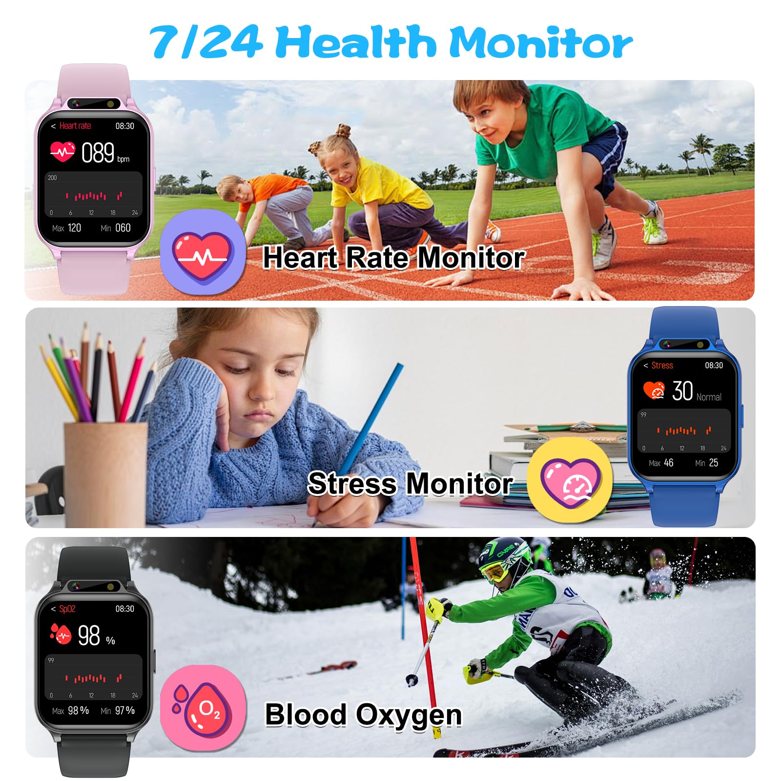 Smart Watch per bambini, fitness tracker da 4,7 cm con frequenza cardiaca, monitoraggio del sonno, smartwatch impermeabile IP68 con video musica, contapassi, gioco, senza app/telefono, regalo per