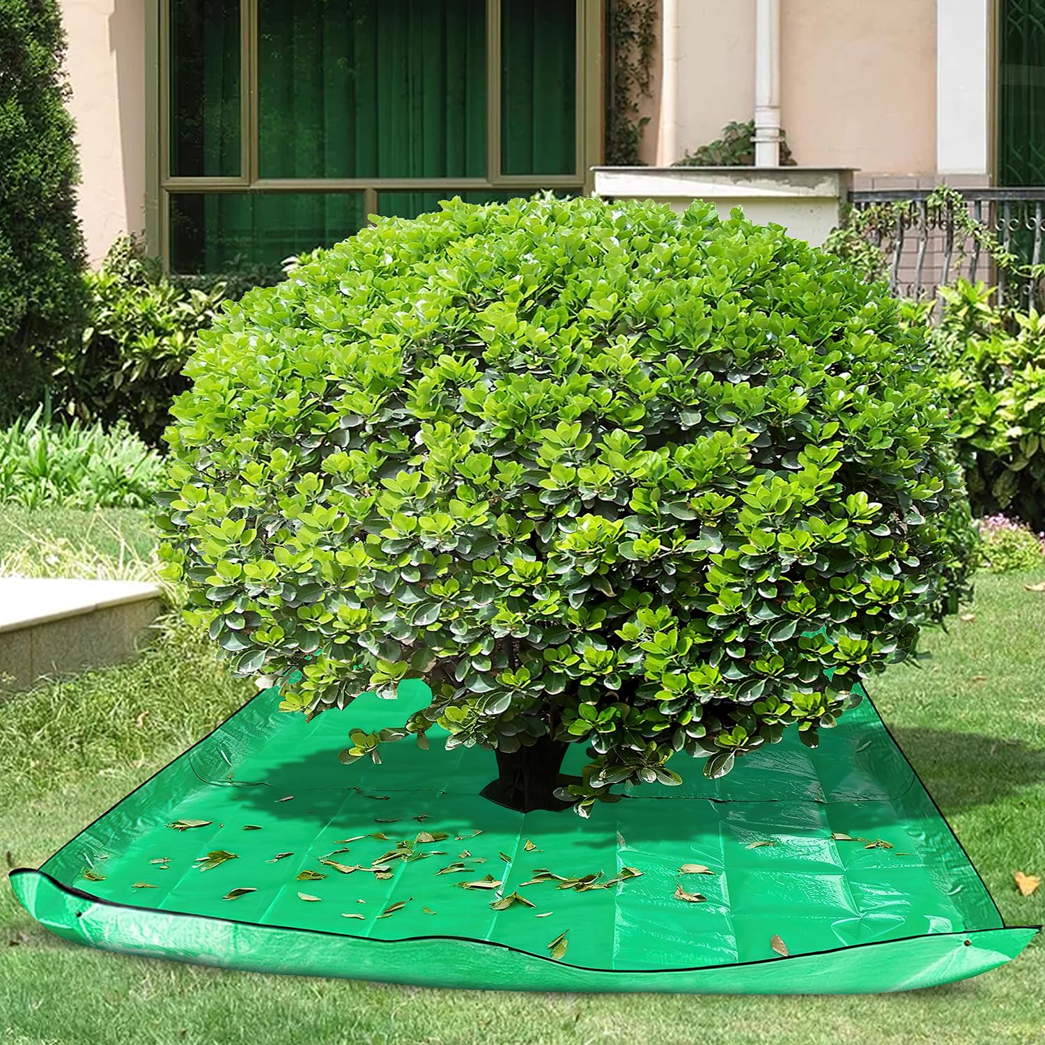 Krajobrazowa plandeka do przycinania 2 x 2 m przenośnik liści z otworem 30 cm plandeka do przycinania drzew z pierścieniami kątowymi płótno do czyszczenia resztek liści
