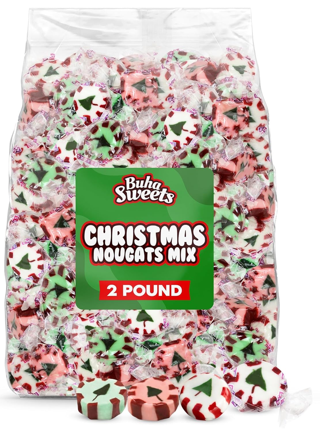 Bulk Christmas Nougats Candy Mix 2 lb Bulk - Handmade Soft & Chewy Peppermint, Wintergreen, and Cinnamon Individually Wrapped Festive Holiday Mints for Bowls, Stockings, Parties, Gift Bags & Treats